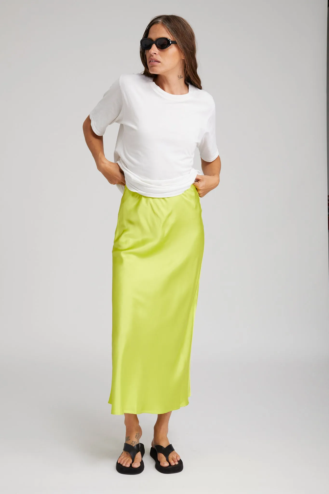 Electric Chartreuse Silk Bias Maxi Skirt Cashmere Touch Breezy Outfit