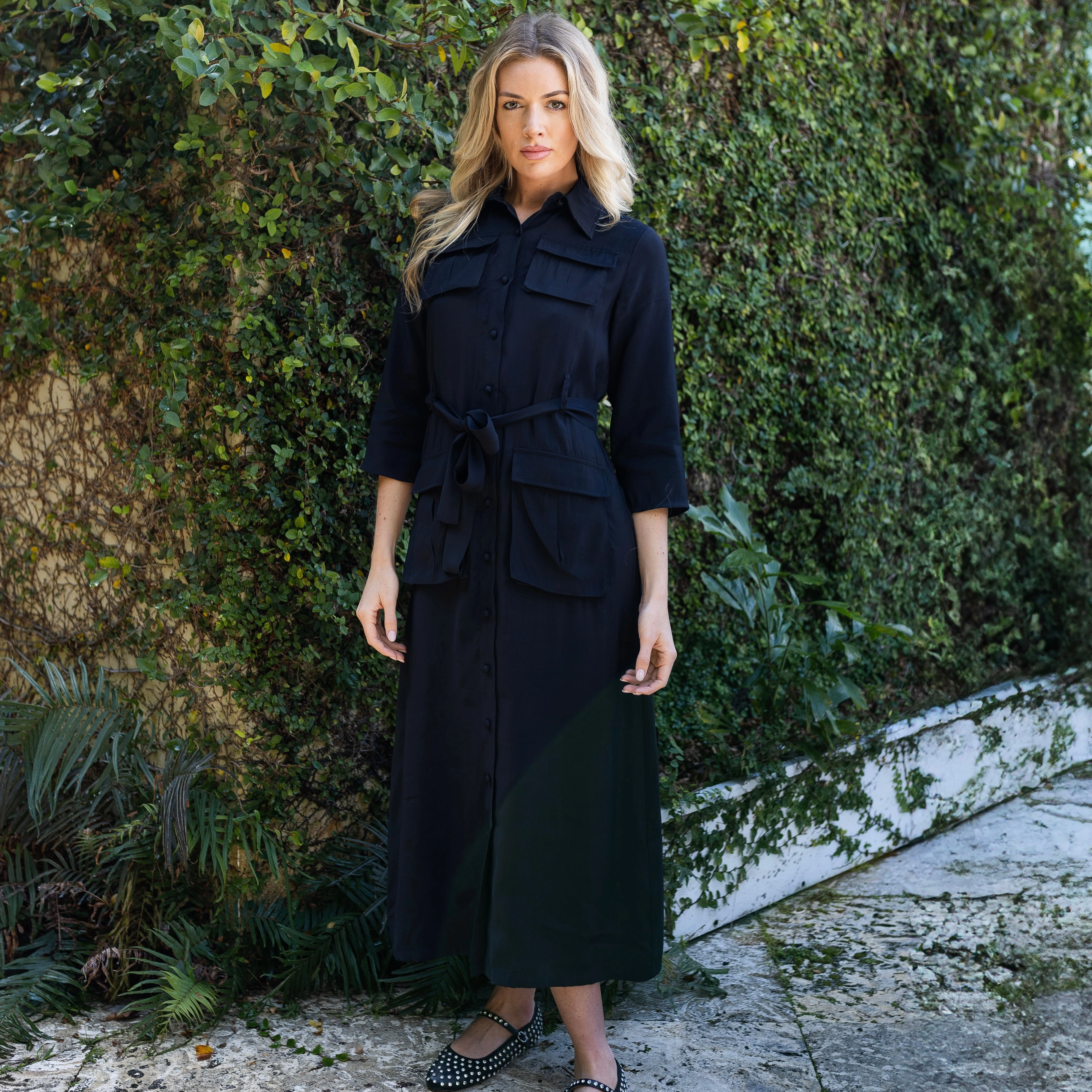 Heart Tone Smart Design Belted Shirtdress | Black [Final Sale]