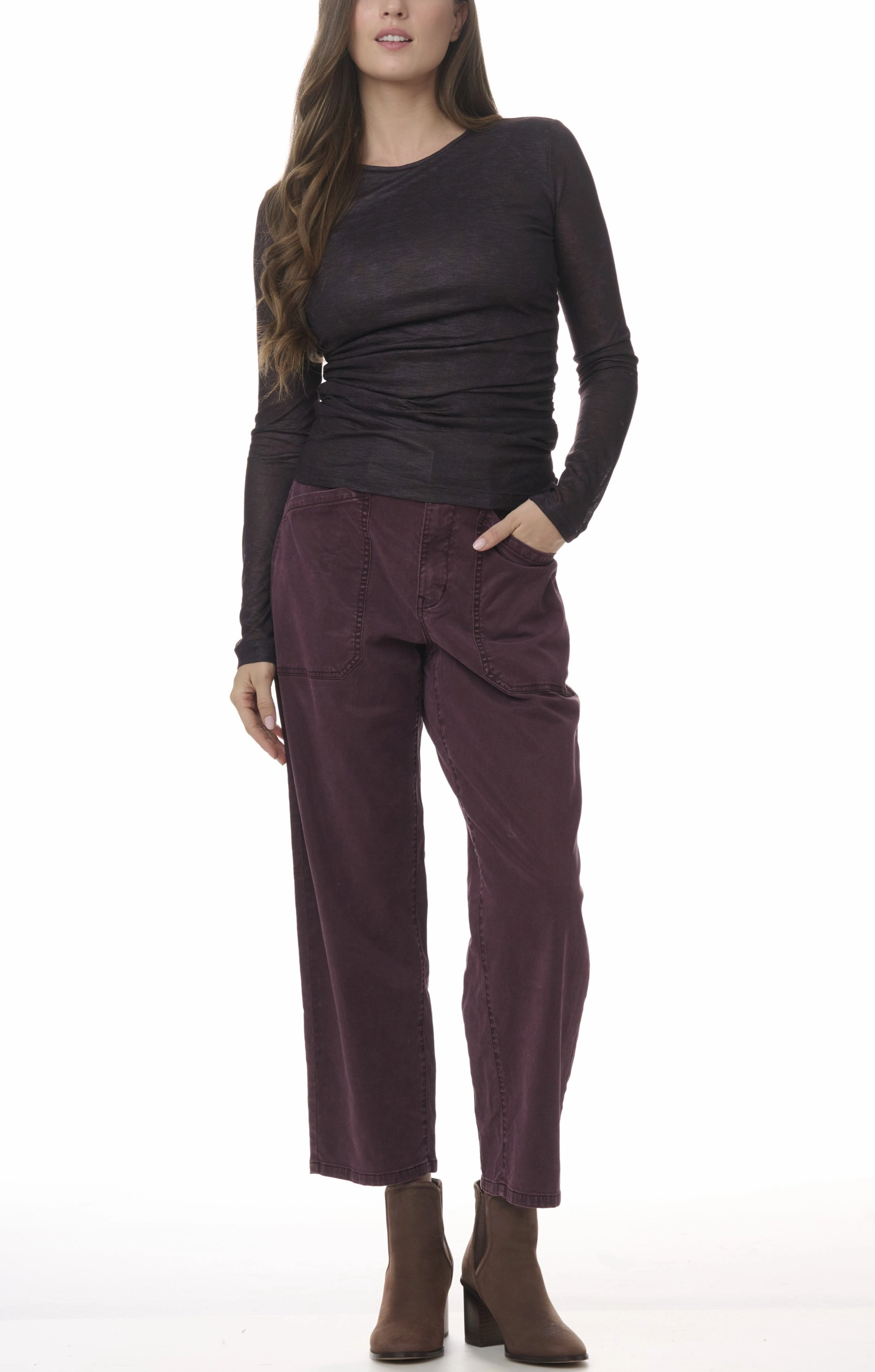 Utility Ready Barrel Waist Carissa Twill Pant in Dark Plum