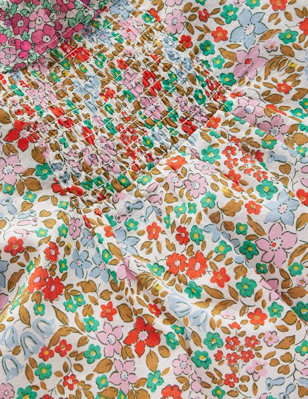 Smocked Frill Neck Blouse-Hotchpotch Floral Flexible Weave