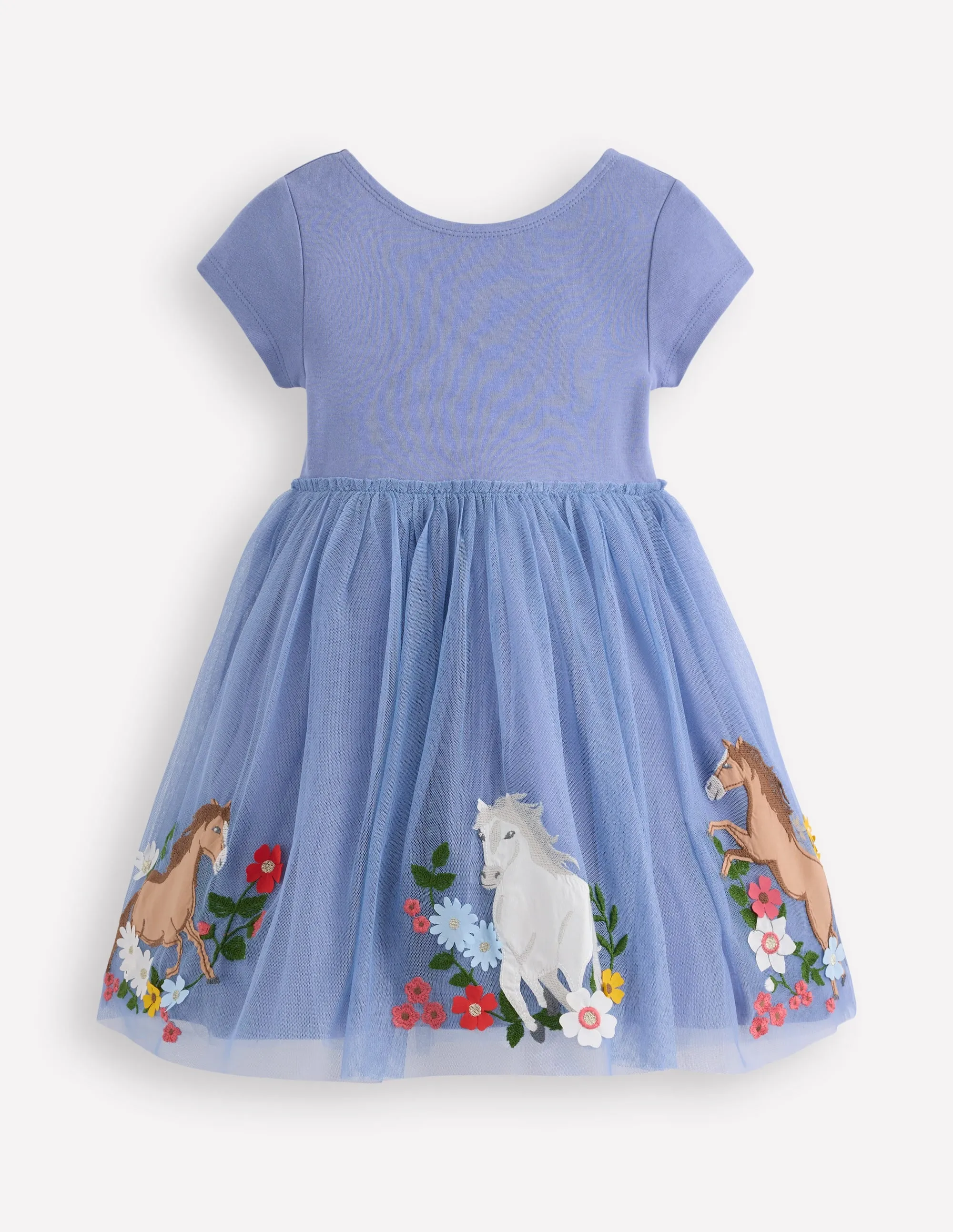 Relax Cut Cold-Shoulder Ami Applique Tulle Dress-Pale Blue Horses
