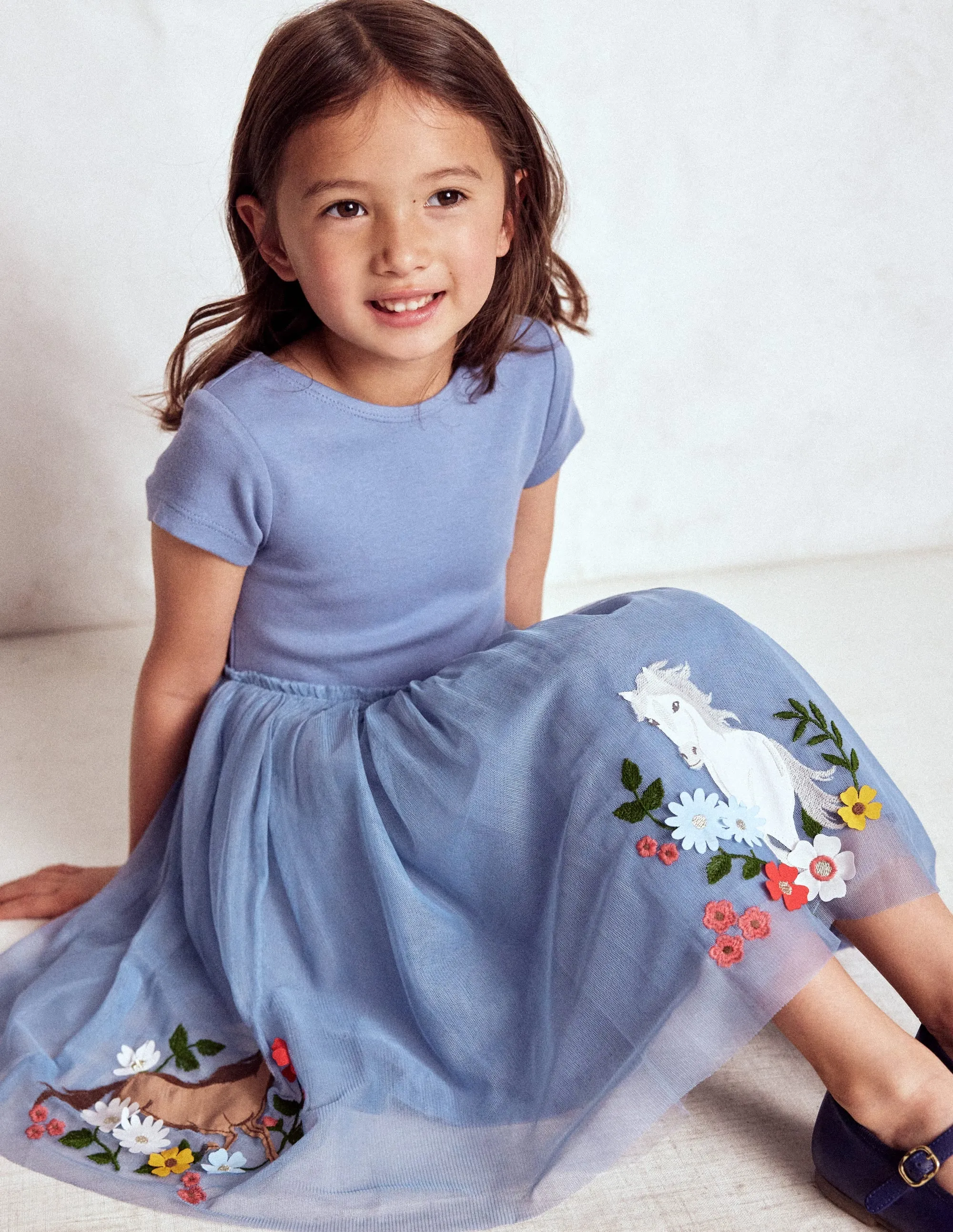 Modern Wear Ami Applique Tulle Dress-Pale Blue Horses