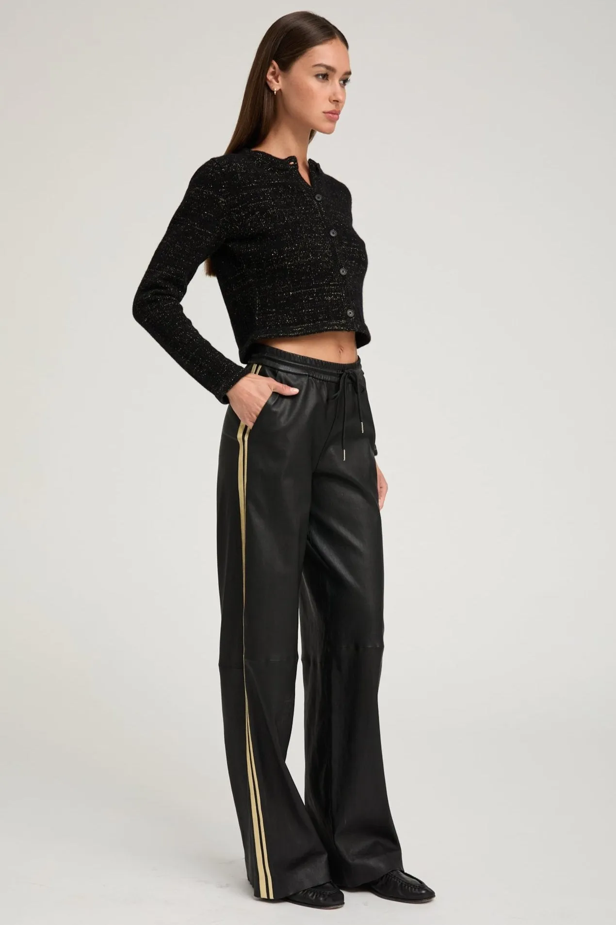 Black & Gold Leather Baggy Athletic Pants Quick Release Closure Non Irritating
