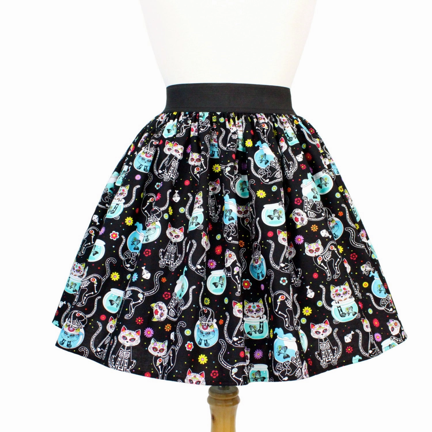 Texture Play Opaque Lining Day of the Dead Kitty Pleated Skirt #PS-C332