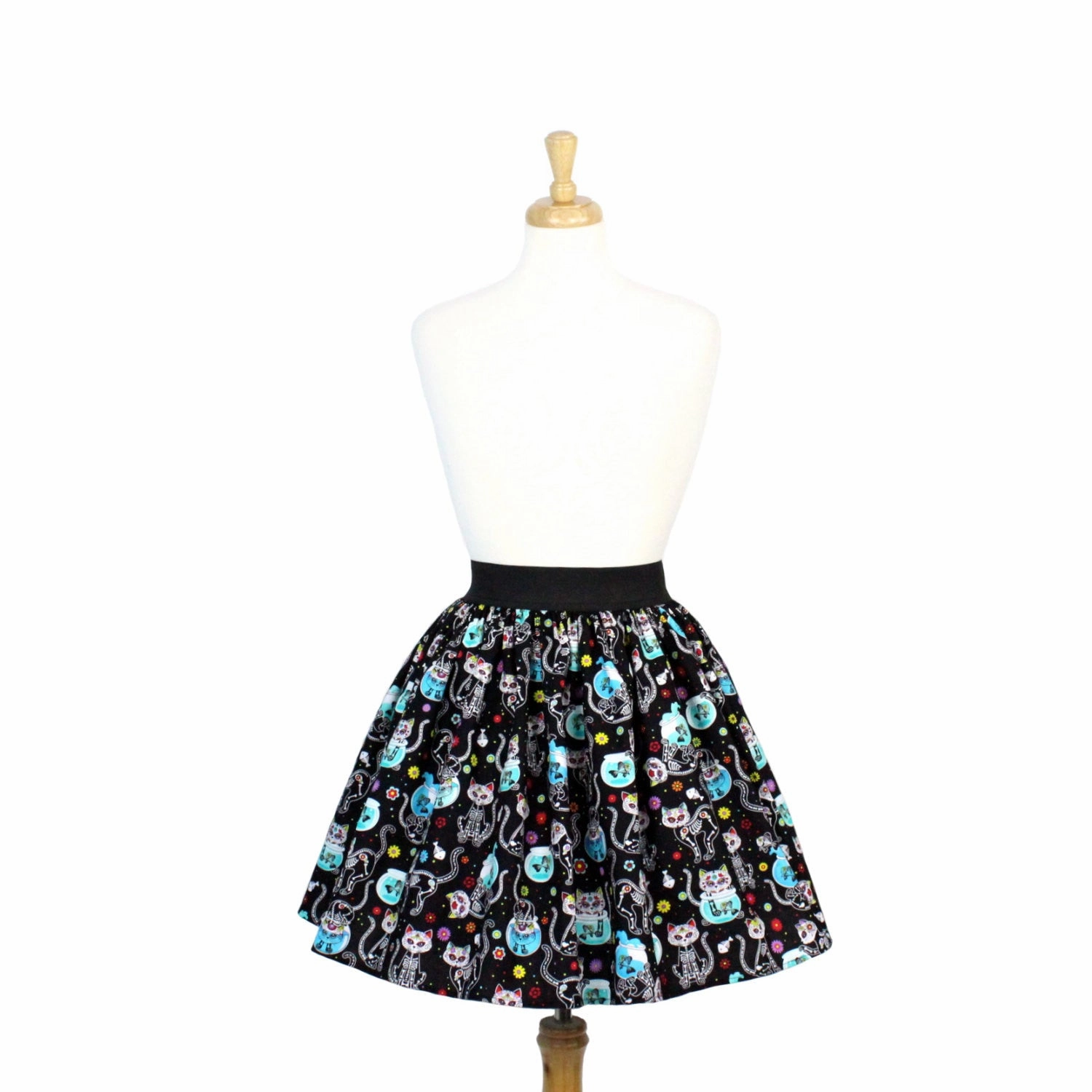 Day of the Dead Kitty Pleated Skirt #PS-C332 tech fabric Drawstring closure