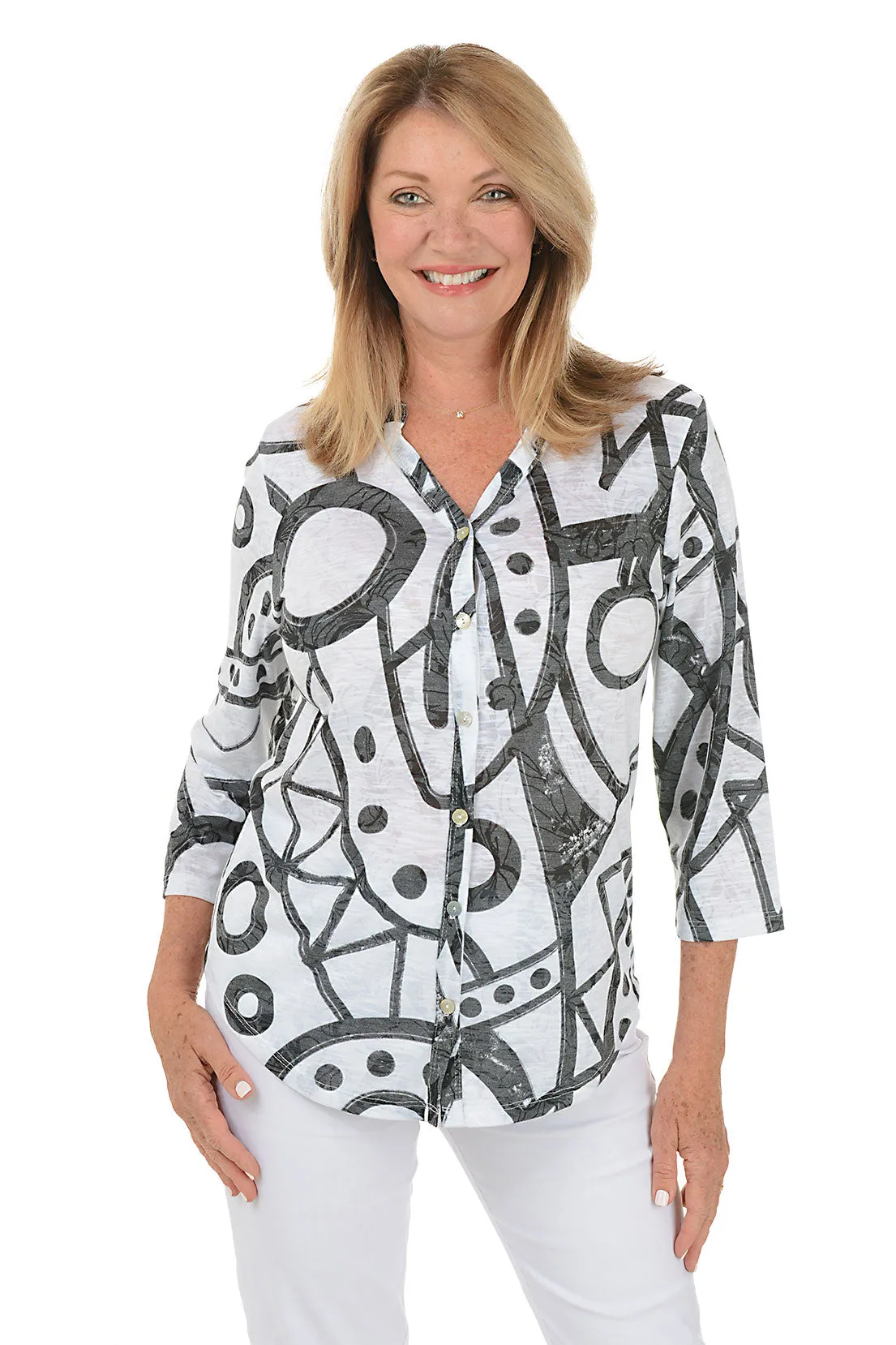 UltraLightweight Casual Sweater Cay Split Neck Button-Front Top