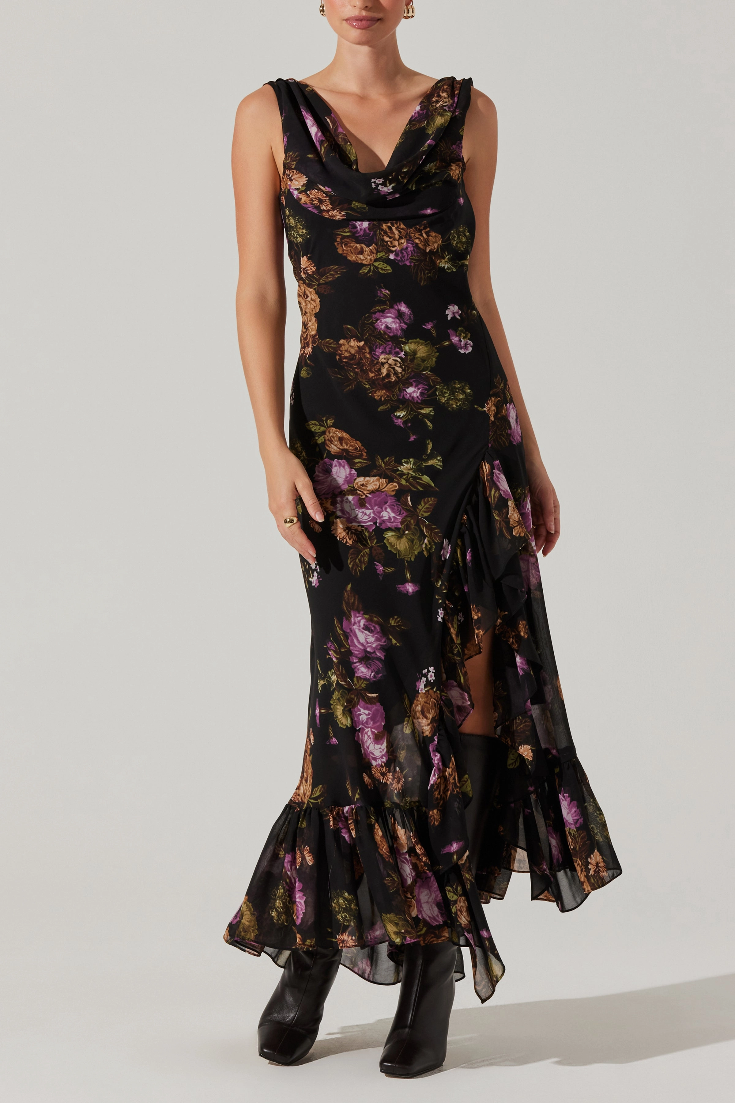 Ruched-Detail Cecilia Dress Black purple floral