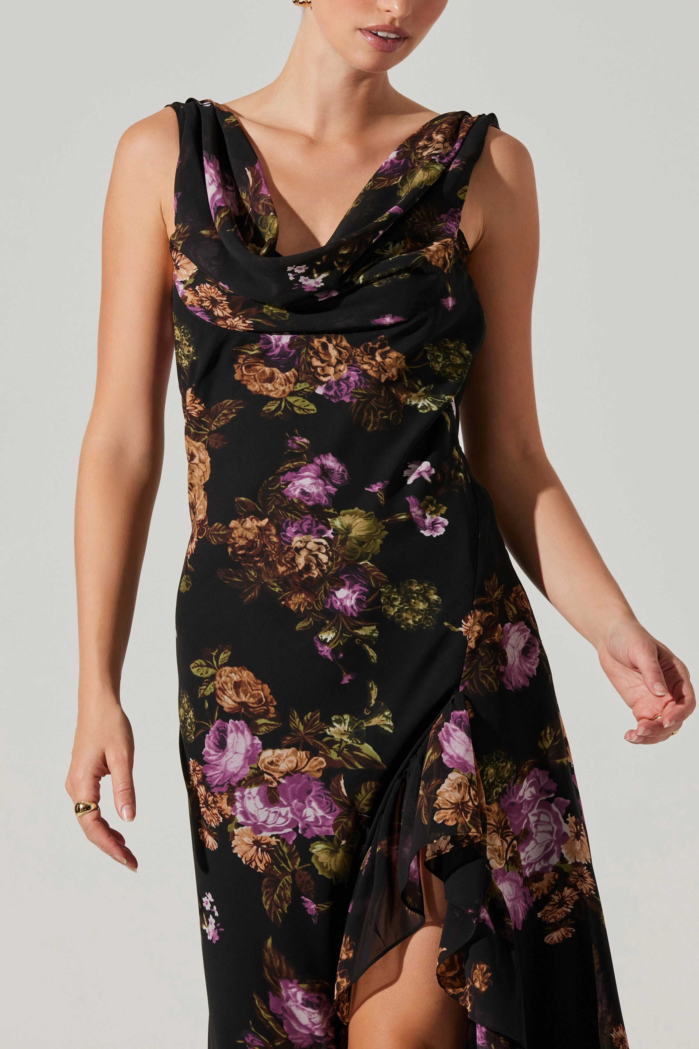 Peace Glow Soft-touch daywear Cecilia Dress Black purple floral