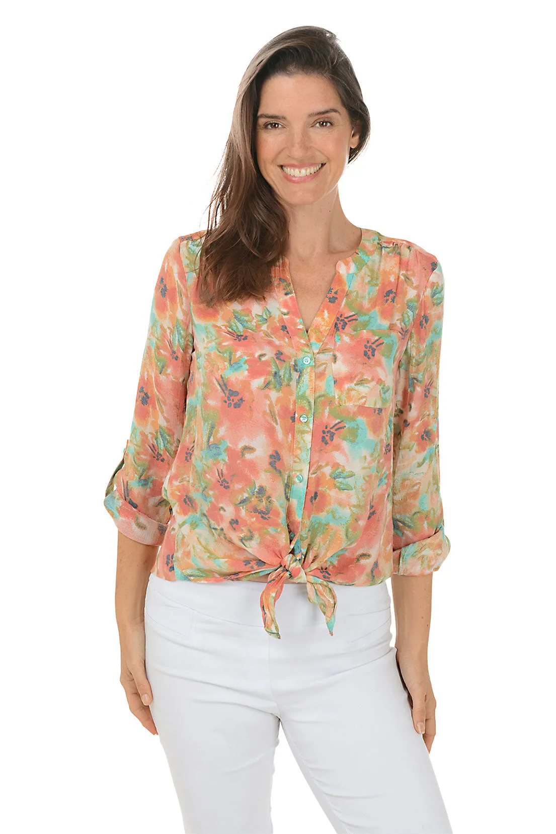 Ceramic Poppy Button-Front Blouse Laser Cut Edges Basic Sweatshirt