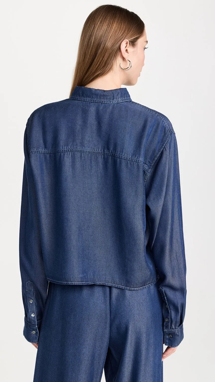 Chambray Cropped Button Down Raglan Sleeve Sport Hoodie