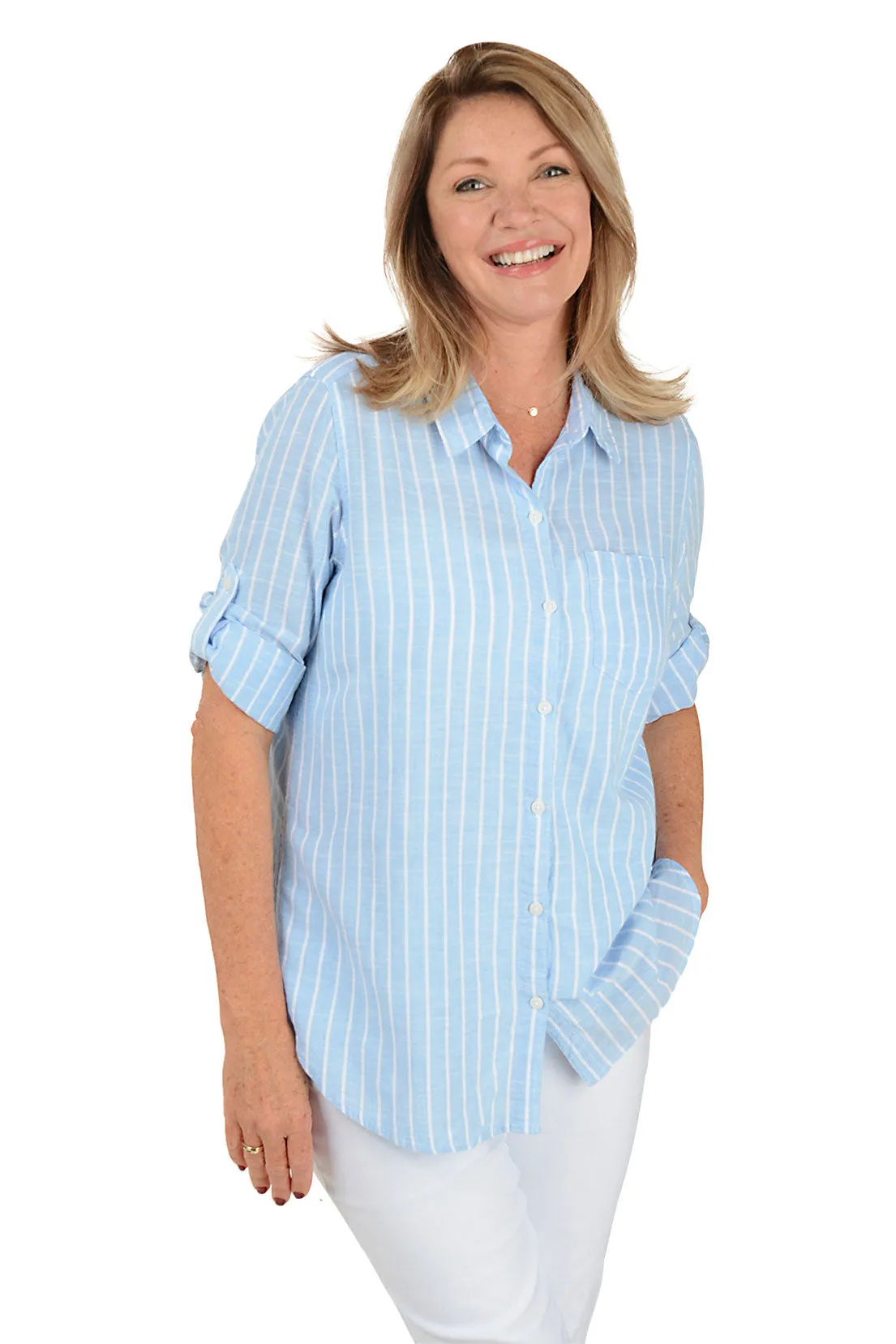 Shape Retention Fabric Shrinkage Prevention Treatment Chambray Striped Cotton Roll Sleeve Shirt