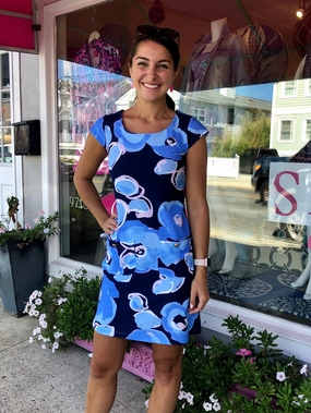 Charleston Cap Sleeve Dress Peonies Navy Hip-Flattering Bold Structure