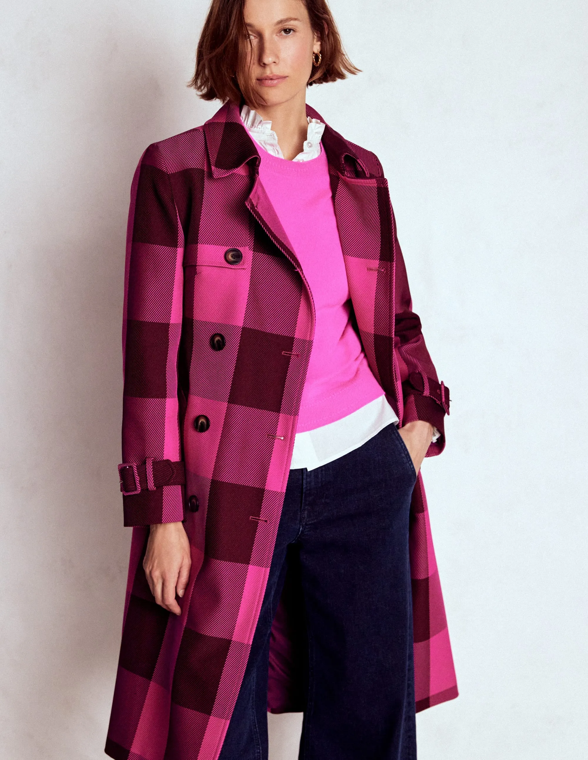 Travel Commuter Layer Cheltenham Trench Coat-Pink Peony, Chestnut Gingham