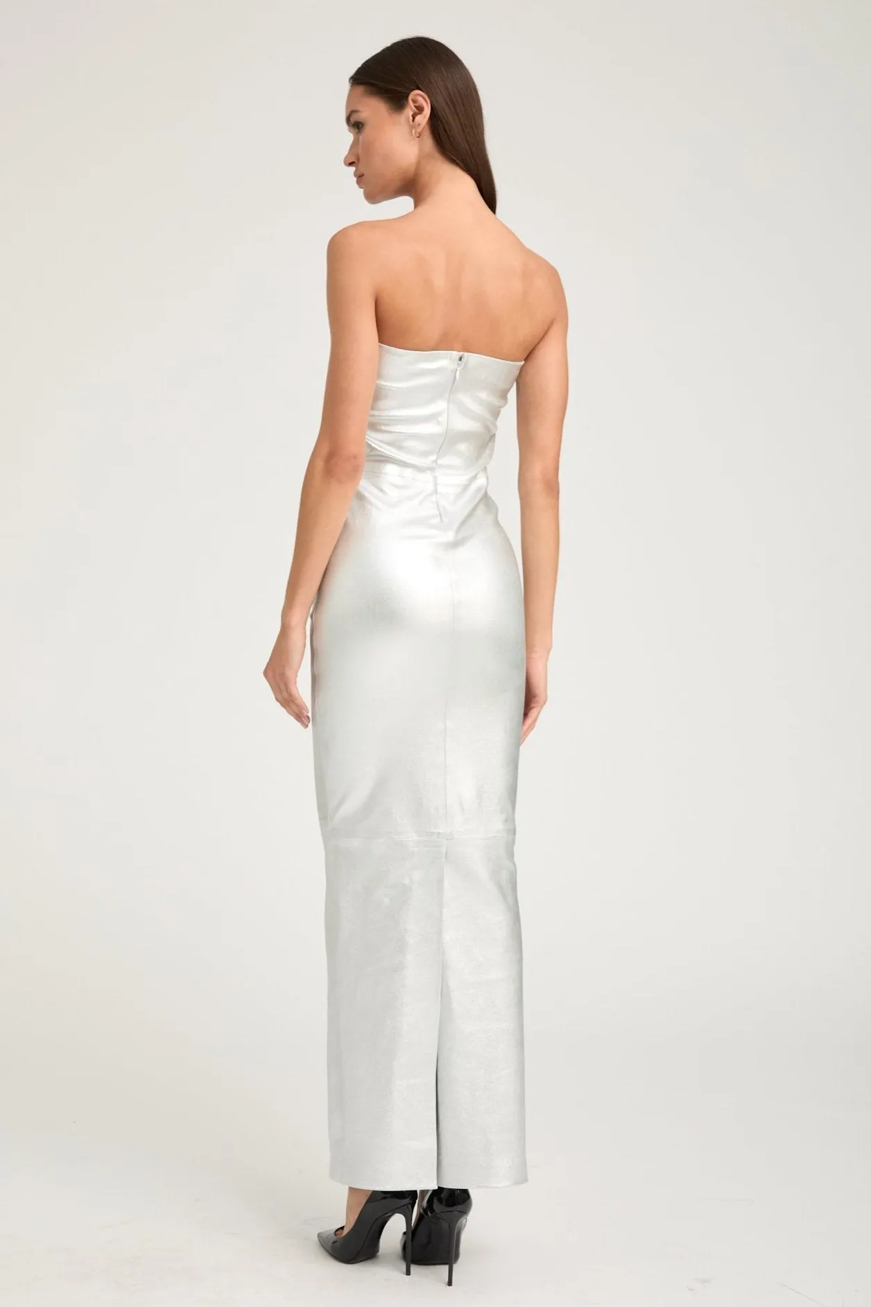 Button-Cuff Metallic Silver Leather Gown