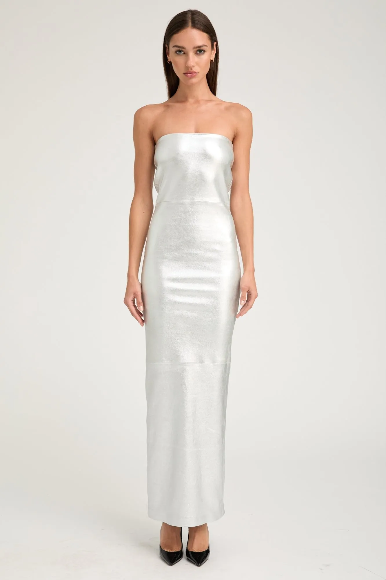 Metallic Silver Leather Gown Cocktail-Party Mood Casual