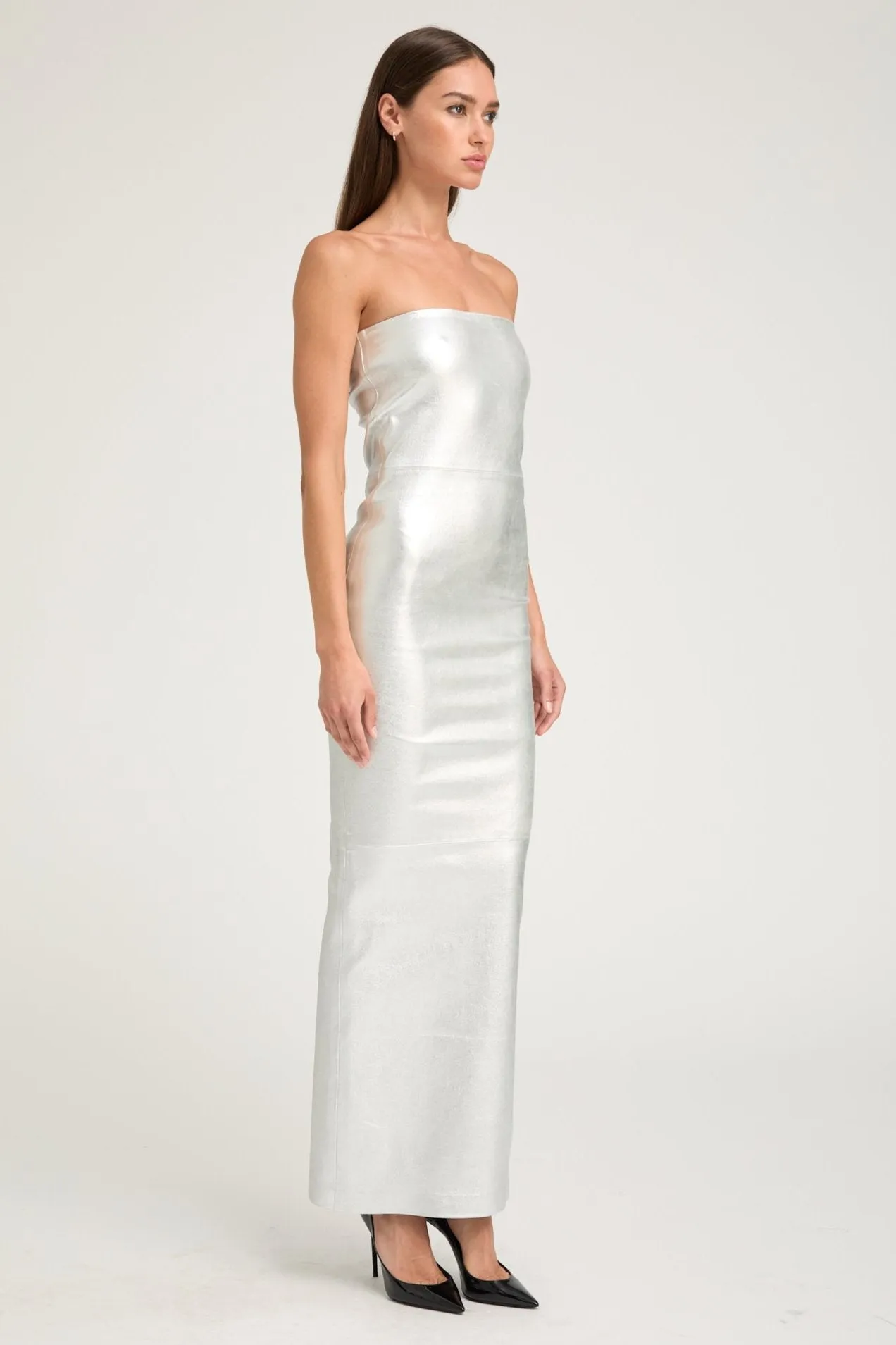 Metallic Silver Leather Gown Boat-Neck