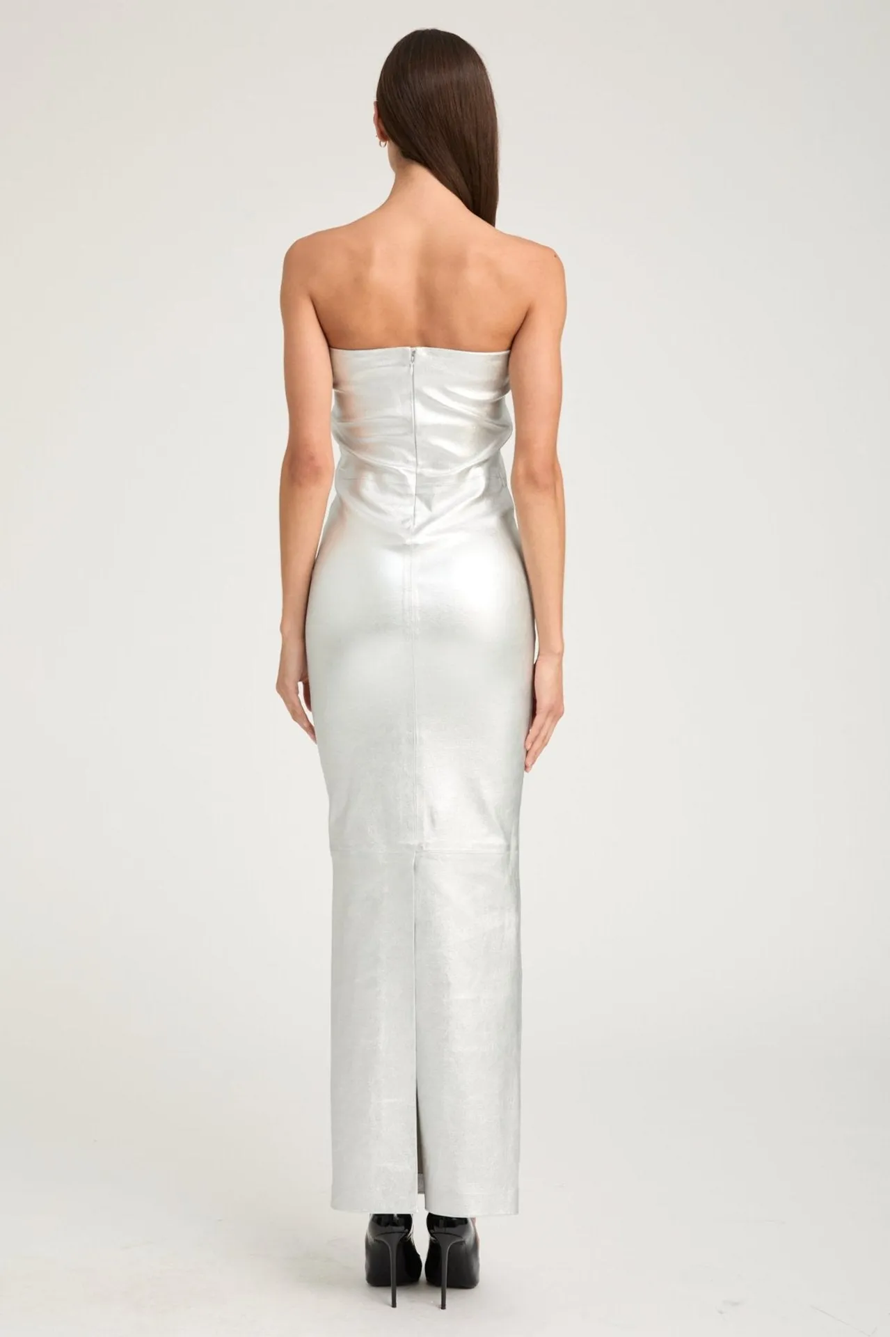 Metallic Silver Leather Gown Elegant Appearance