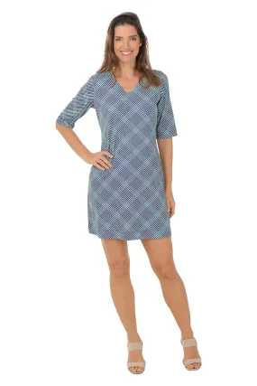 City-Style Quick Elegance Navy Gingham V-Neck UPF50  Dress