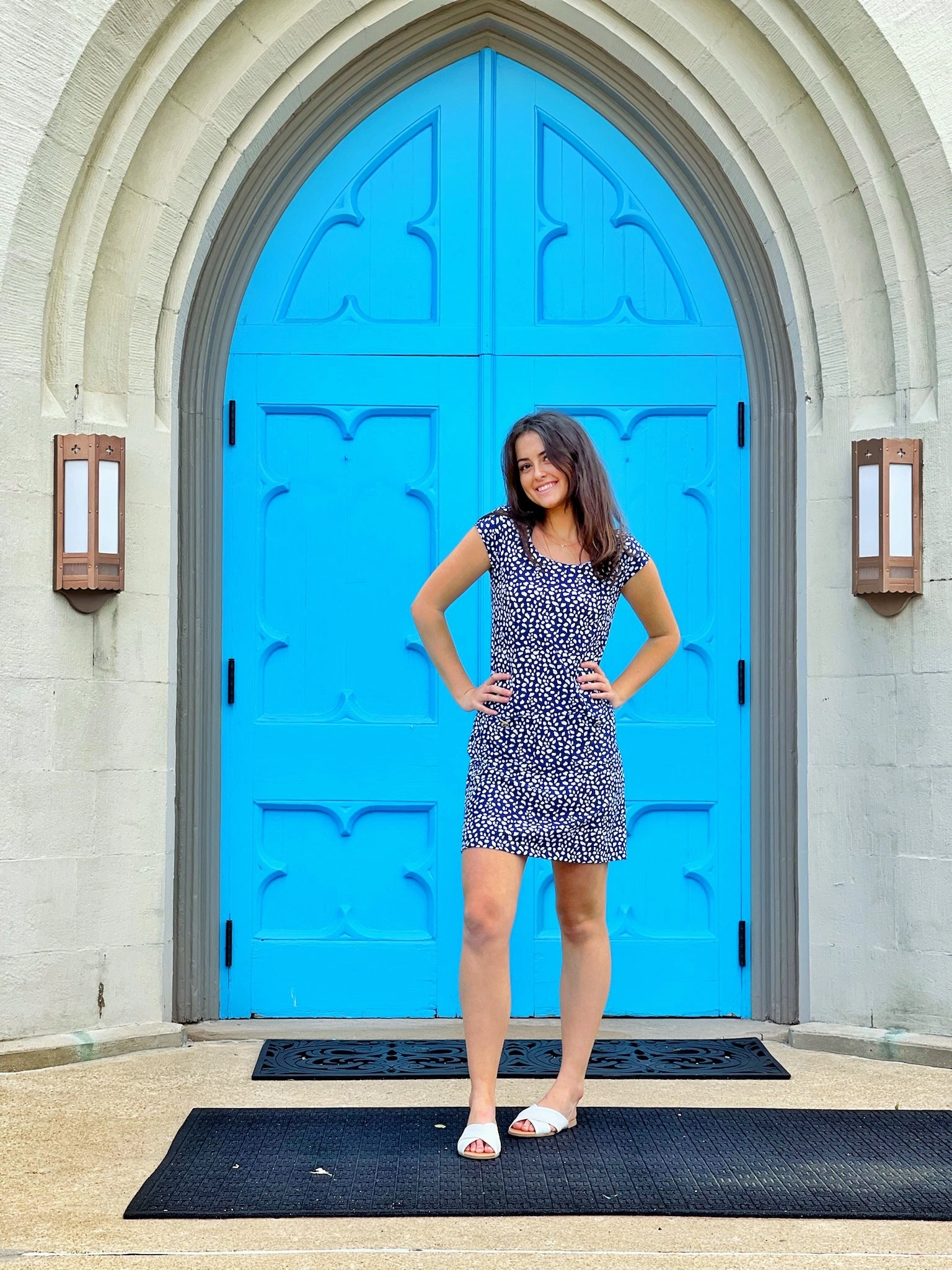 Charleston Cap Sleeve Dress Small Diana's Dot Navy Smile Glow Cozy Cut