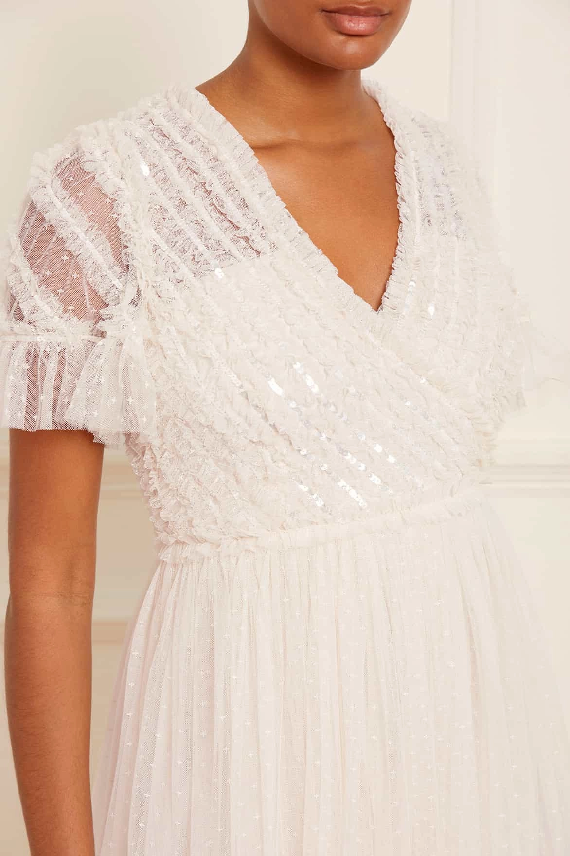 Spiral Sequin Bodice V-Neck Ankle Gown Minimal Details Light Weight