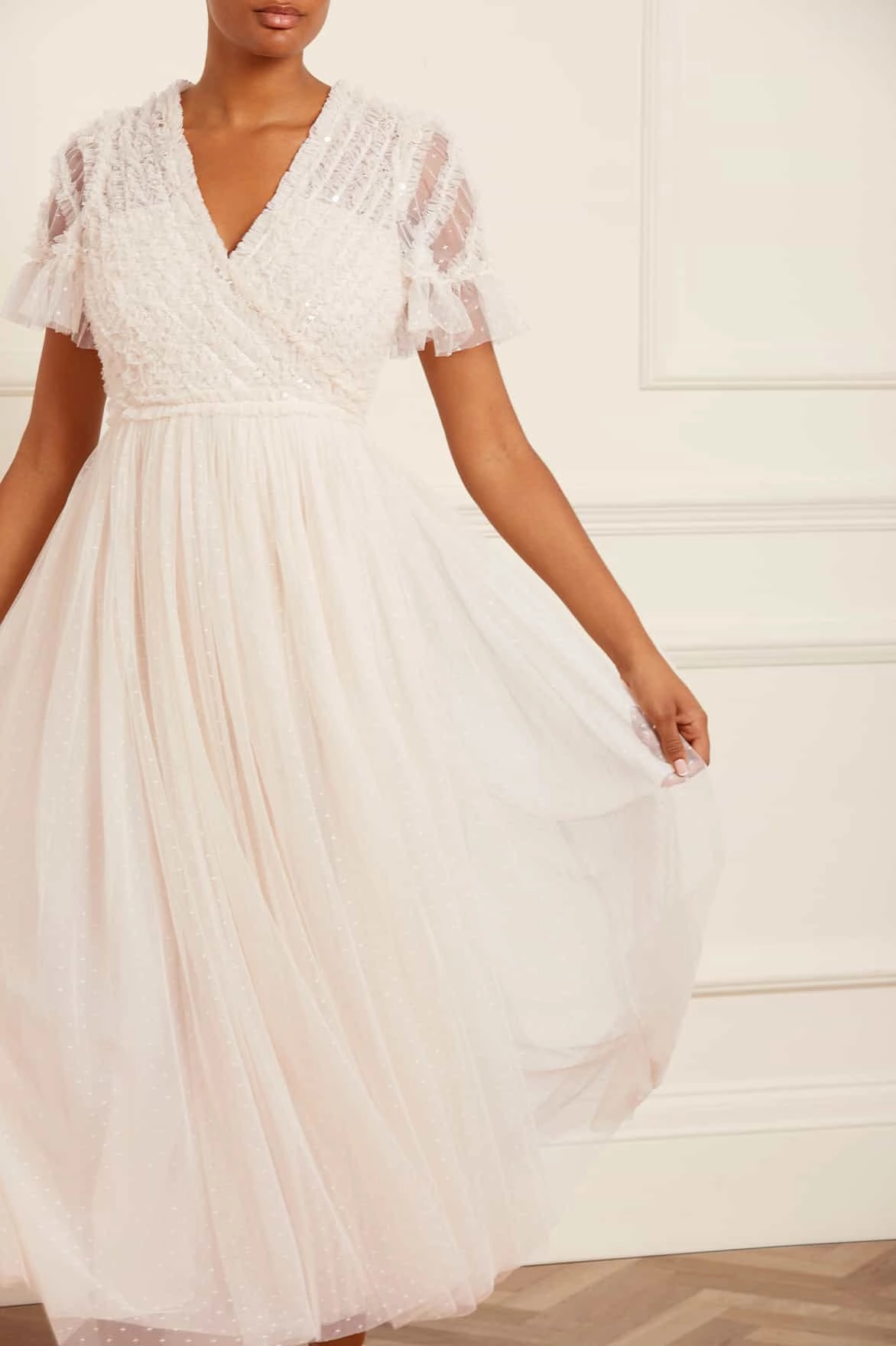 Spiral Sequin Bodice V-Neck Ankle Gown Silky Mood