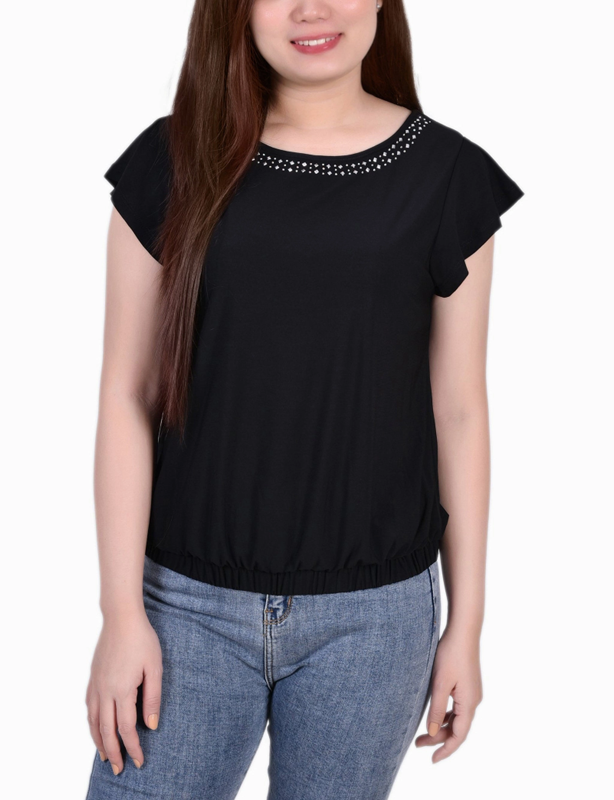 Petite Short Flutter Sleeve Top With Studded Neckline SoftTouchFinish Anti Static Cloth Blend