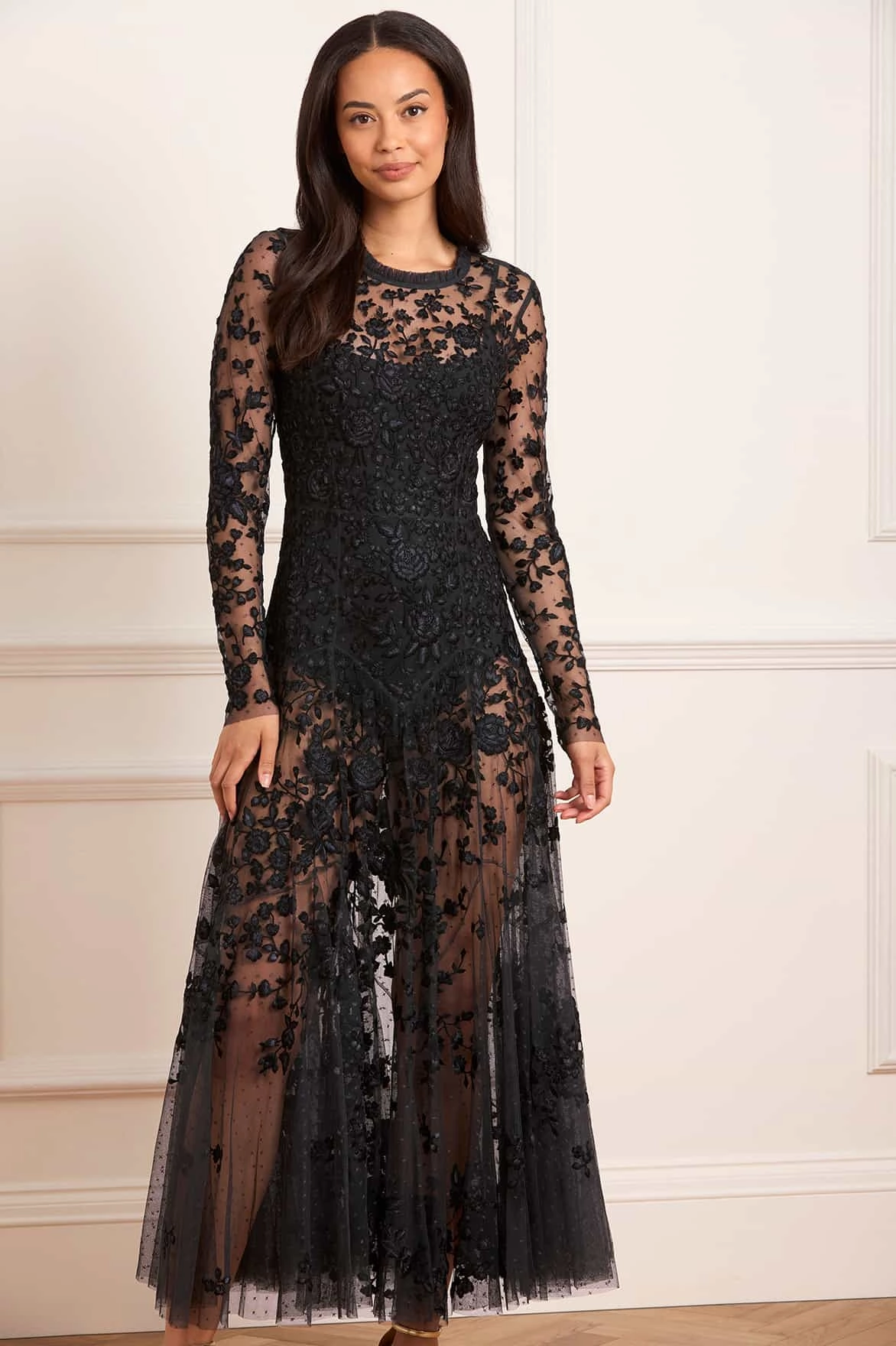 Rosa Sheer Ankle Gown Cinched-Waist Contrasting Detail