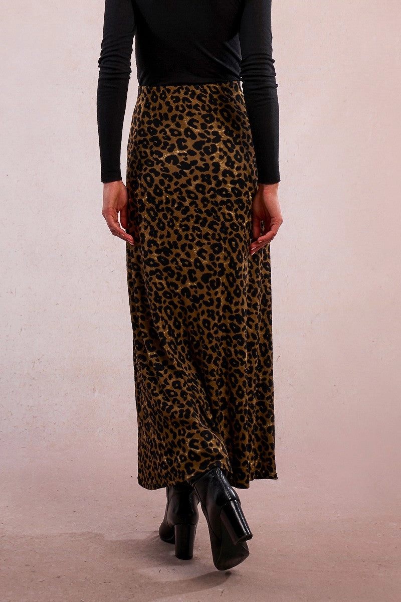 Style Moment Leopard Knit Maxi Skirt in Khaki