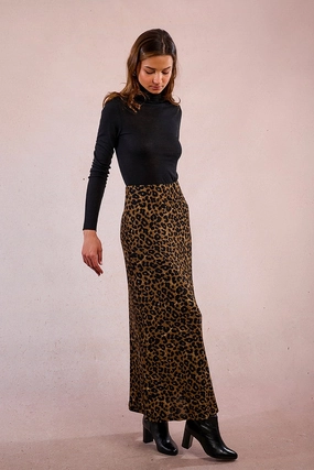 Day Wear Gentle Comfort Leopard Knit Maxi Skirt in Khaki
