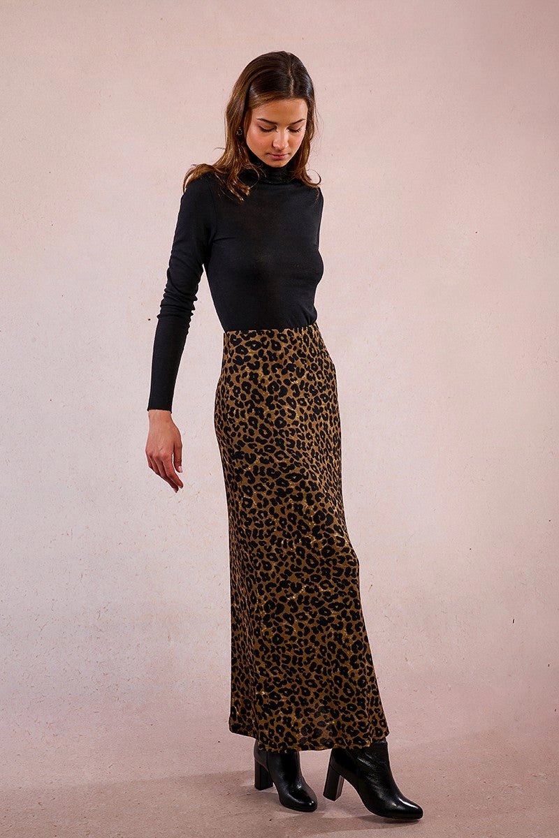 Day Wear Gentle Comfort Leopard Knit Maxi Skirt in Khaki