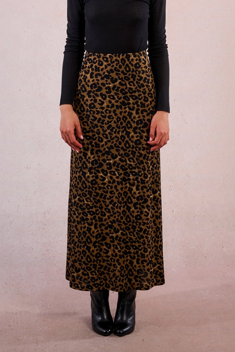 Leopard Knit Maxi Skirt in Khaki Double Layer Construction