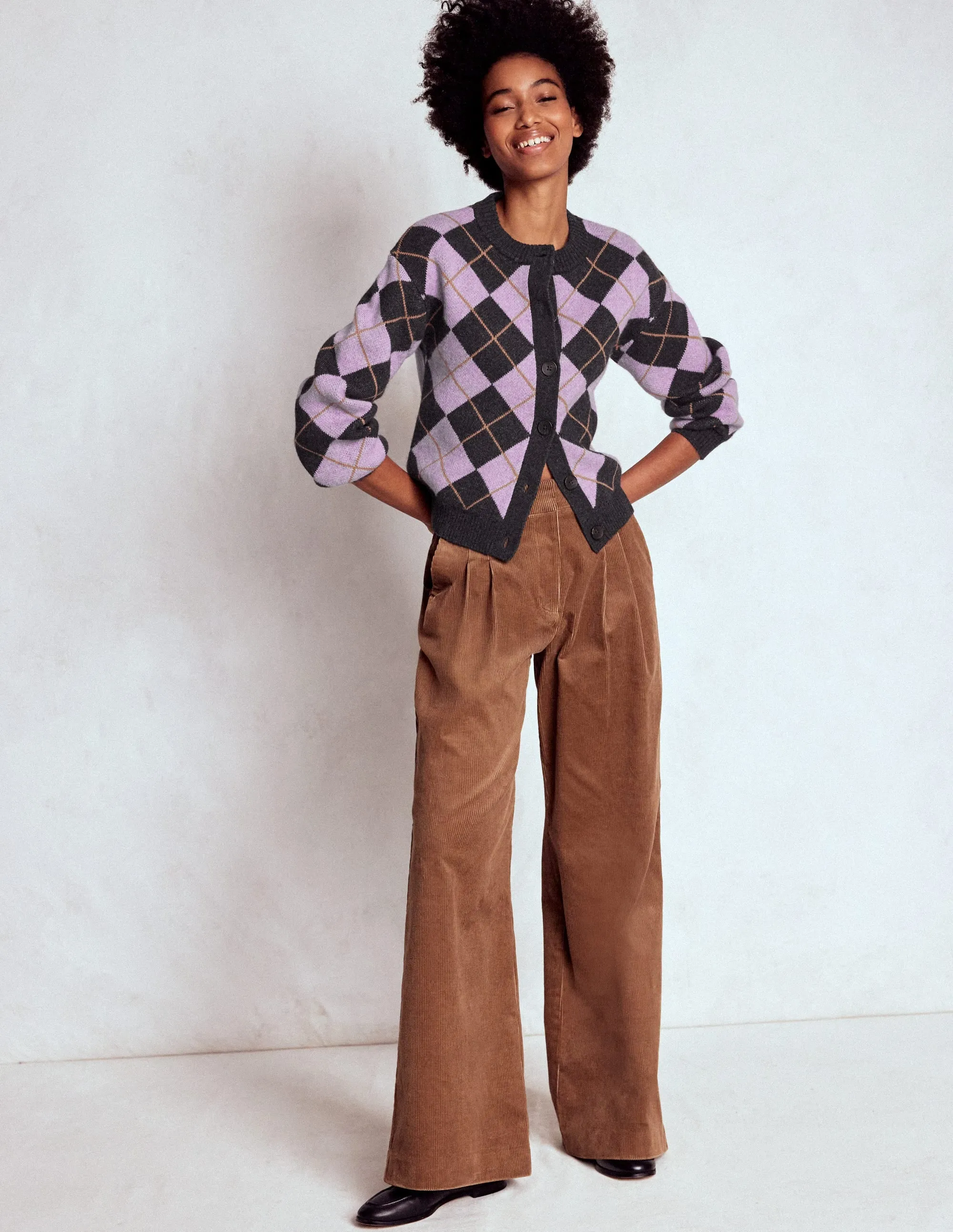 Abi Jacquard Cardigan-Lilac, Charcoal Melange Argyle Luminous Thread Accents Cool Layering