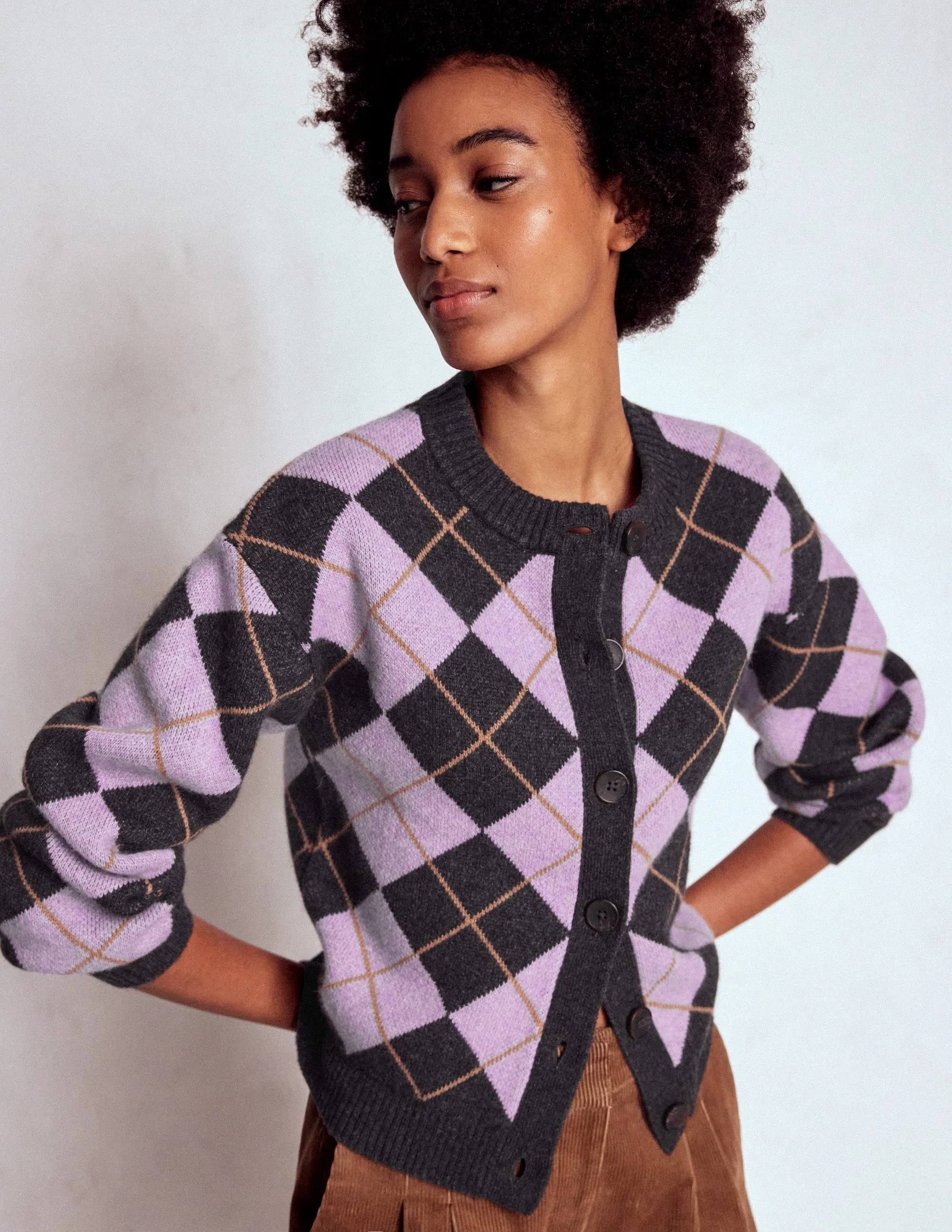 HighElasticity Yarn Fall Ready Abi Jacquard Cardigan-Lilac, Charcoal Melange Argyle