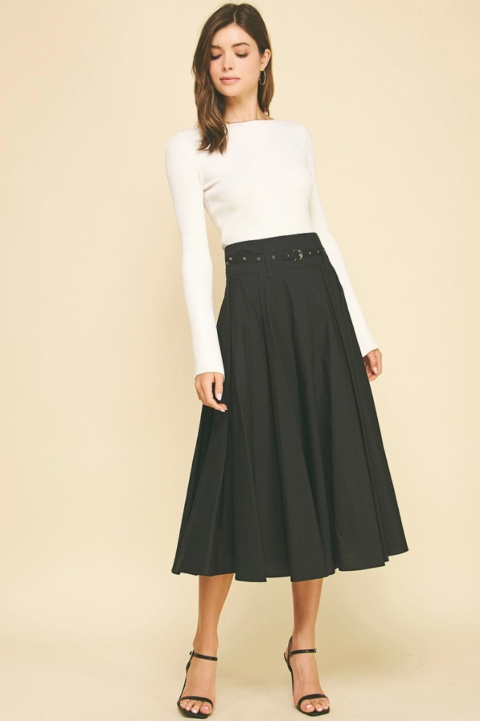 Breathable Lining Maxi length Clementine Belted Midi Skirt in Black