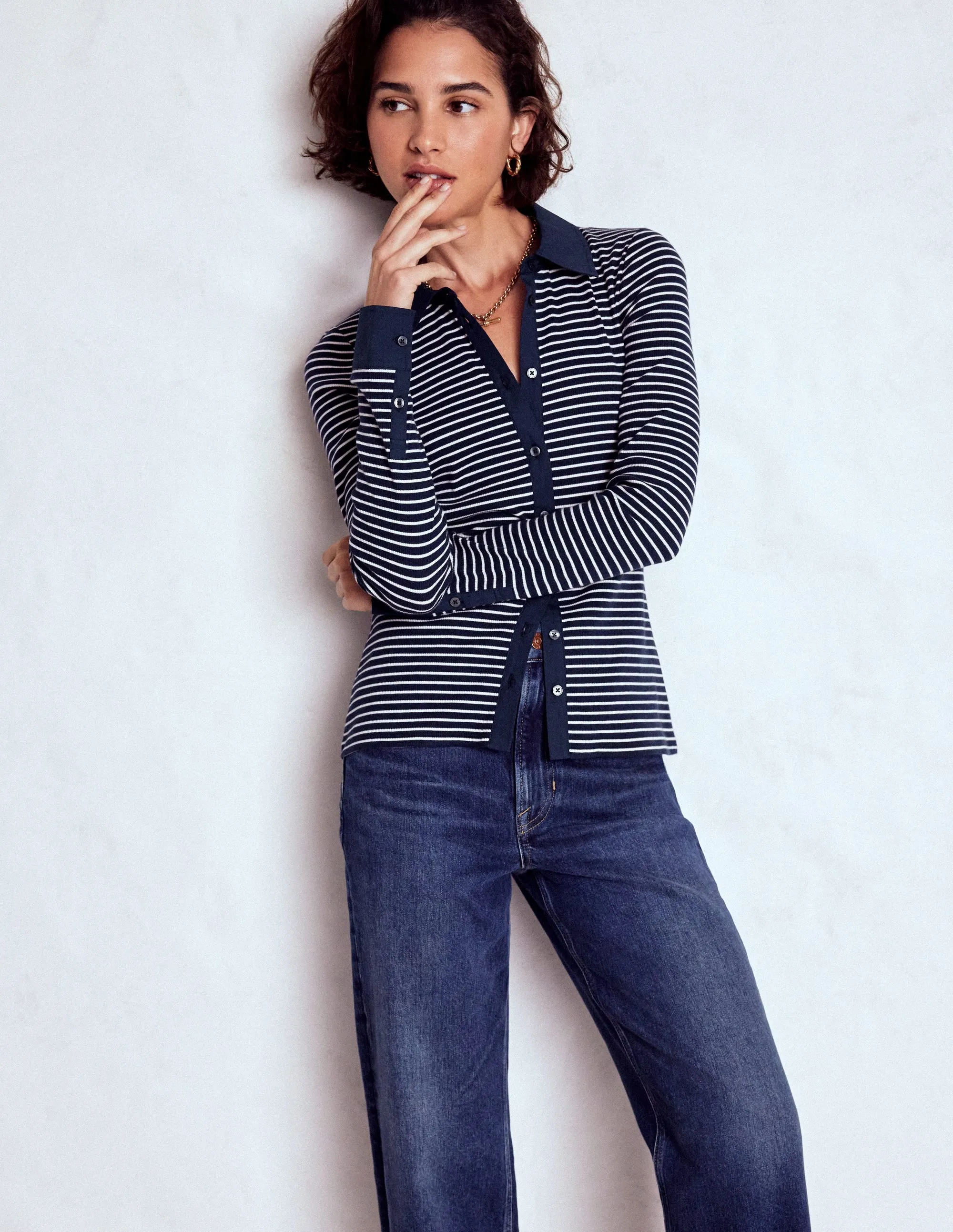 AntiMicrobialLining Lightweight Weave Material Collared Button Through Top-Navy and Ivory Stripe
