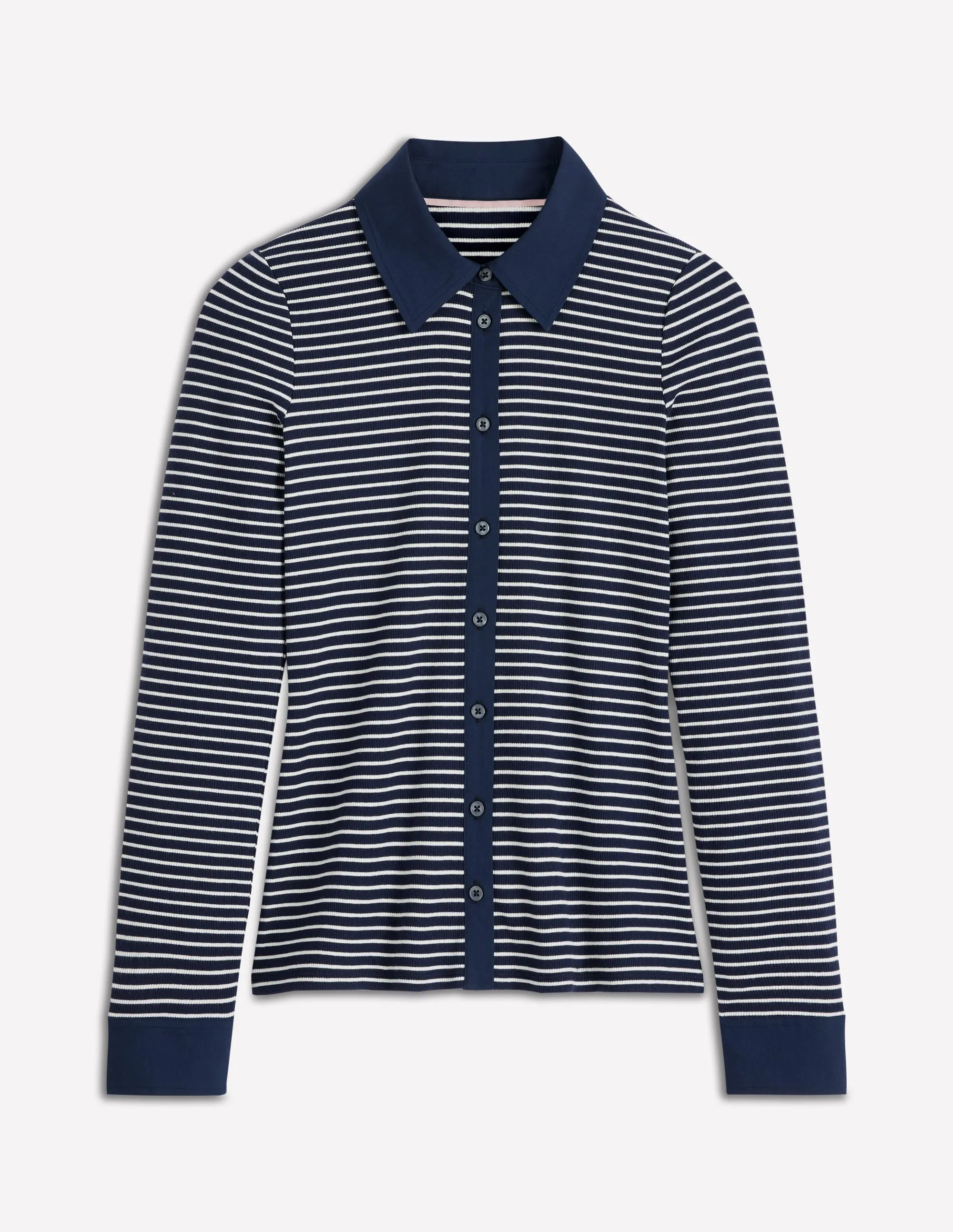 Collared Button Through Top-Navy and Ivory Stripe DoubleLayeredShoulders