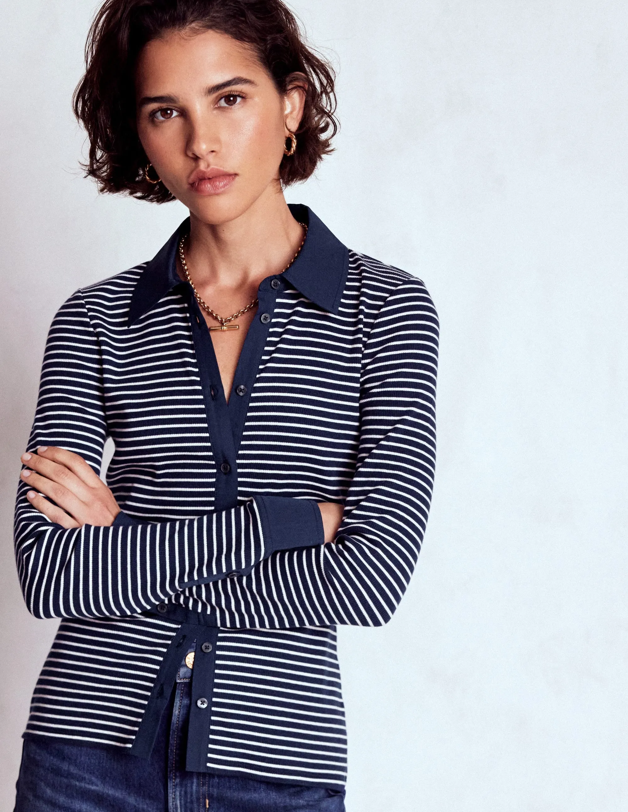 Collared Button Through Top-Navy and Ivory Stripe ErgonomicShape YarnDyed Stripes