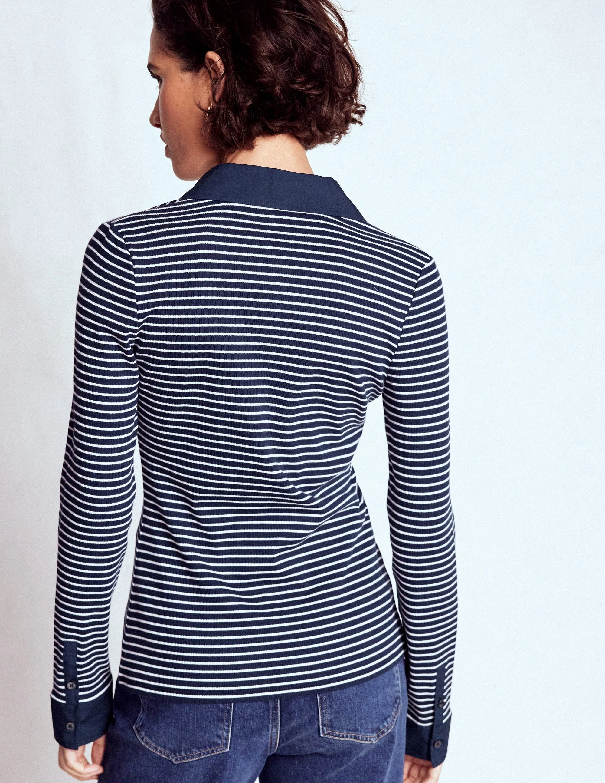 Collared Button Through Top-Navy and Ivory Stripe Comfy Style
