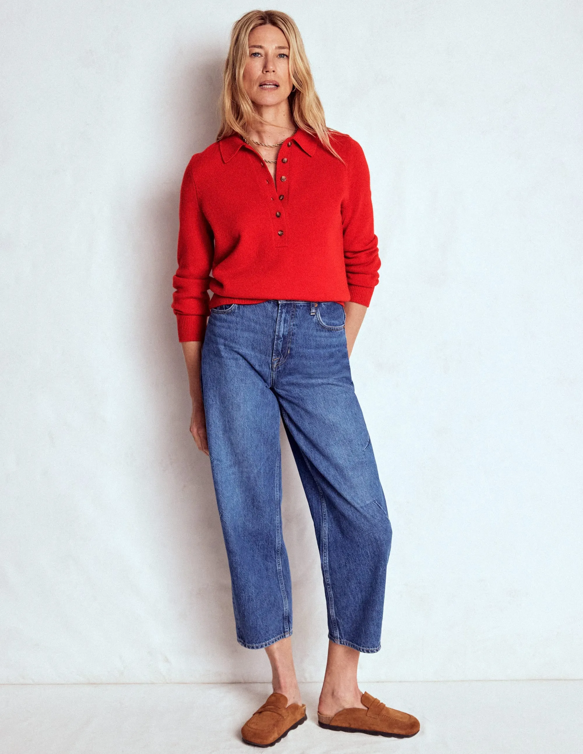 Collared Cashmere Jumper-Poppy Red Relaxed Comfort Fade Resistant Dye