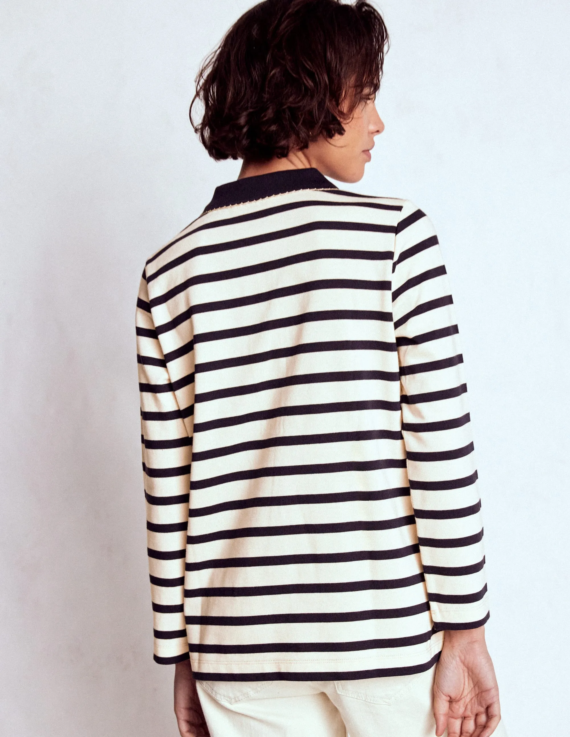 Contrast Stitch Detailing LaserCutVents Collared Mariner-Ivory and French Navy Stripe