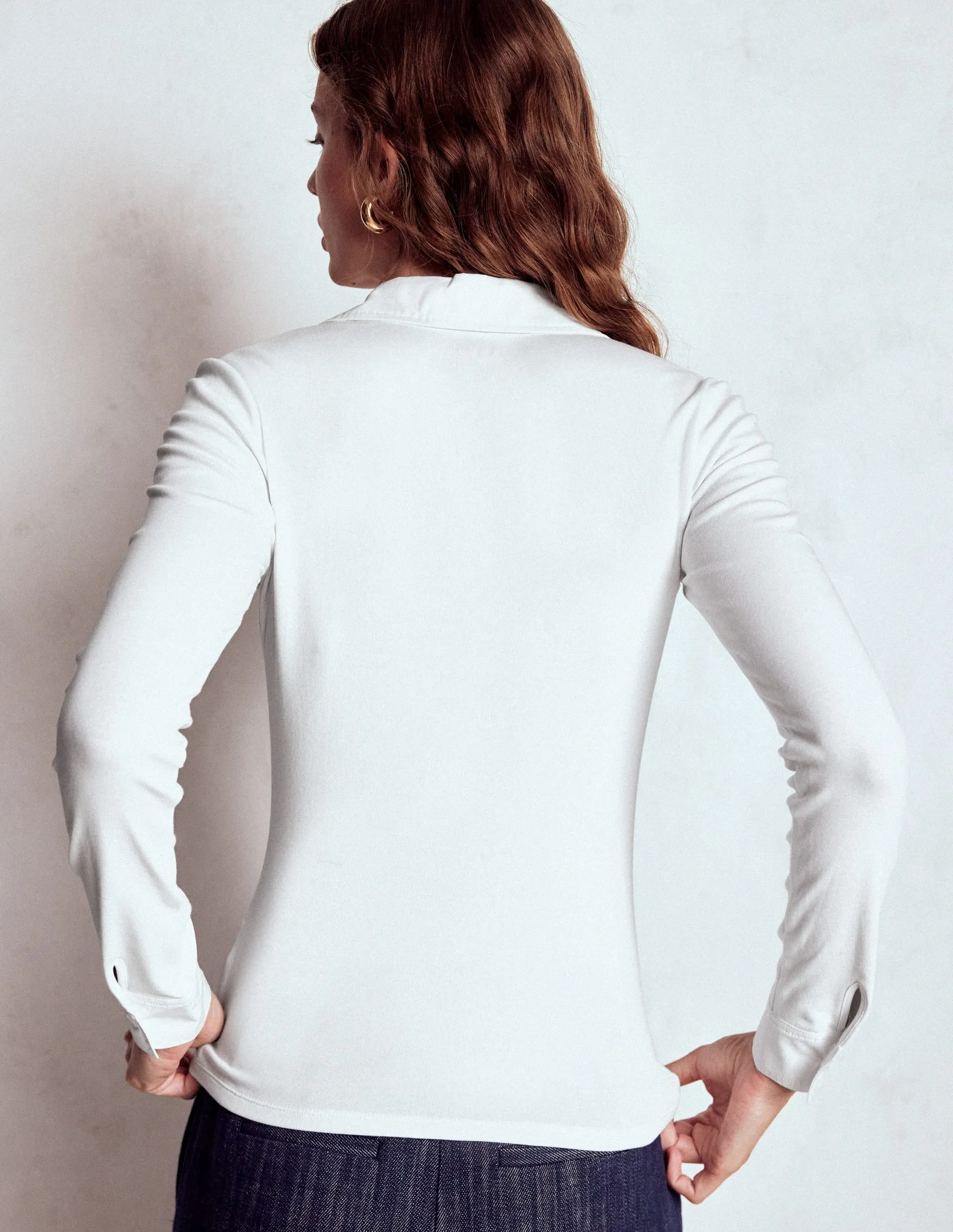 Collared Placket Jersey Shirt-White Ergonomic Pattern Design