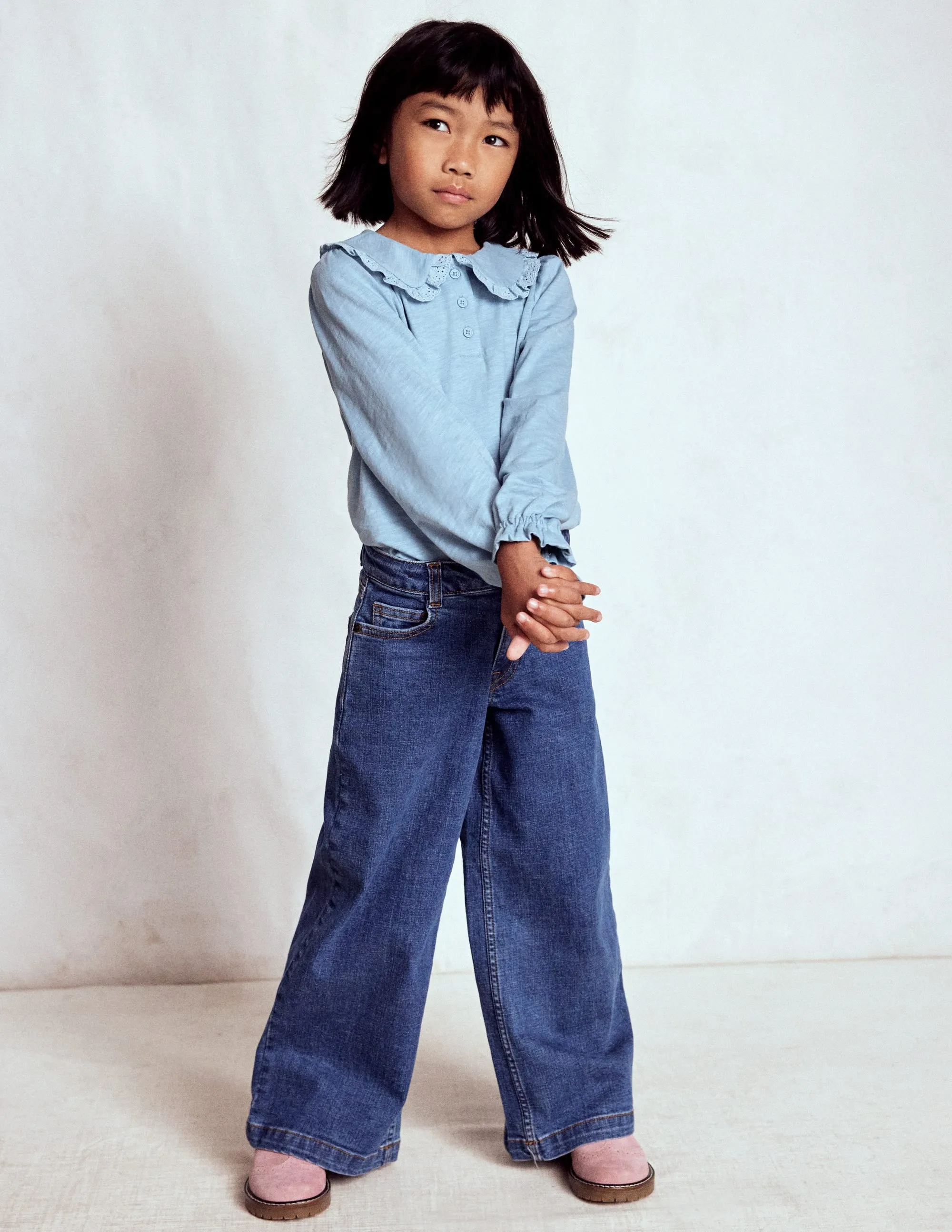 Collared Slub Top-Vintage Blue Customizable Spring Freshness