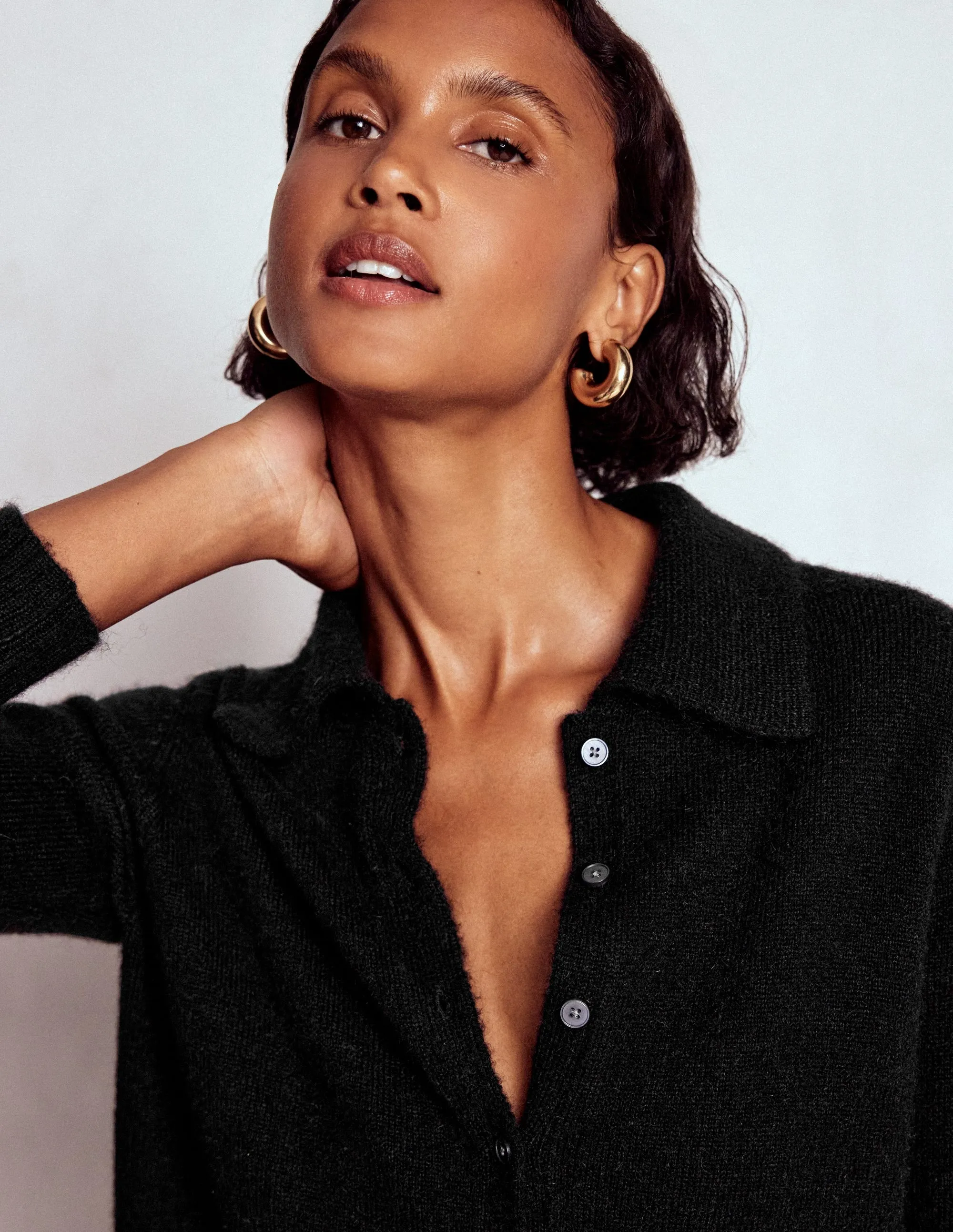 Collared Tie Front Cardigan-Black Crewneck Style