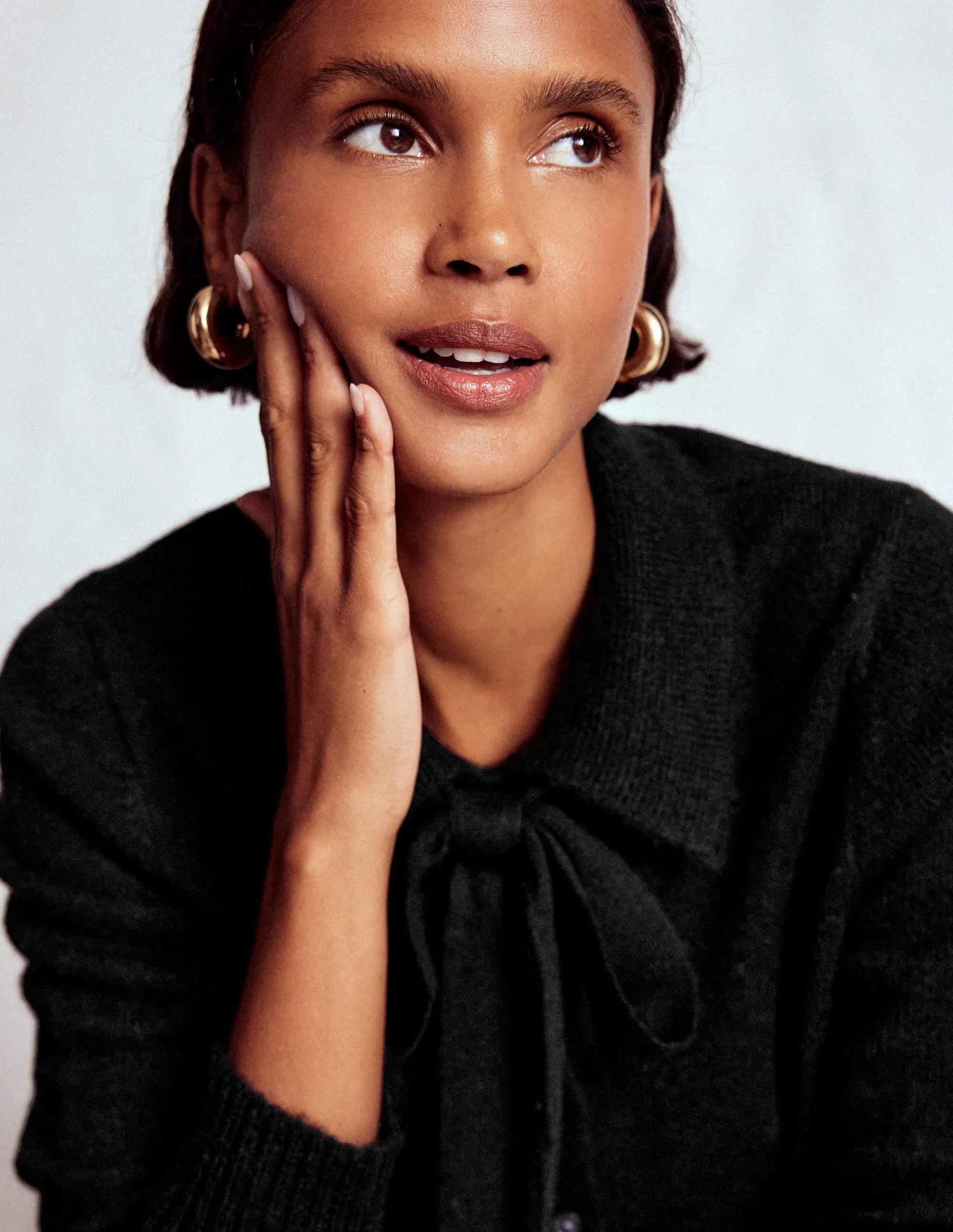 Collared Tie Front Cardigan-Black Layered Knit Structure