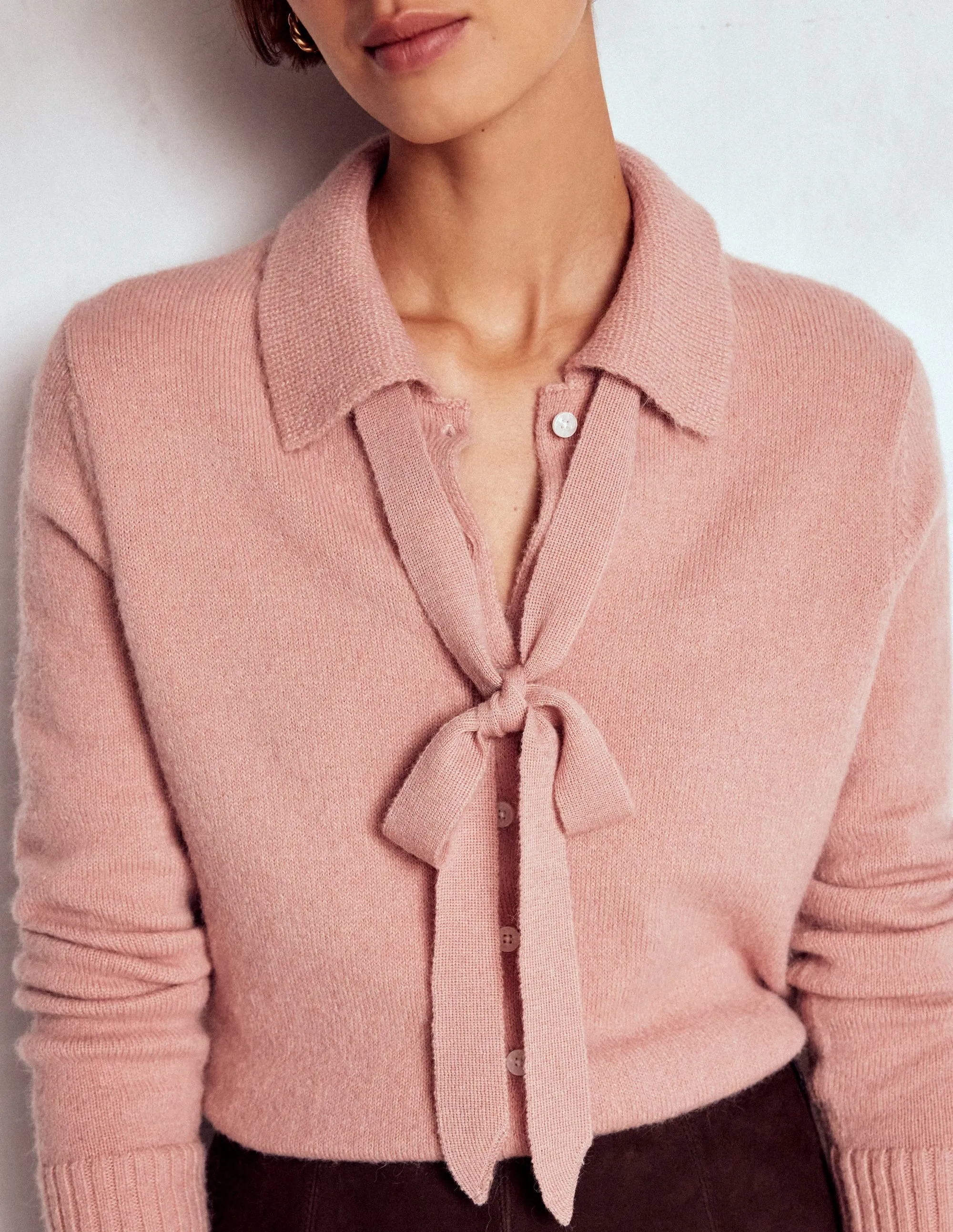Anti Static Finish Lounge Vibe Collared Tie Front Cardigan-Misty Rose Pink