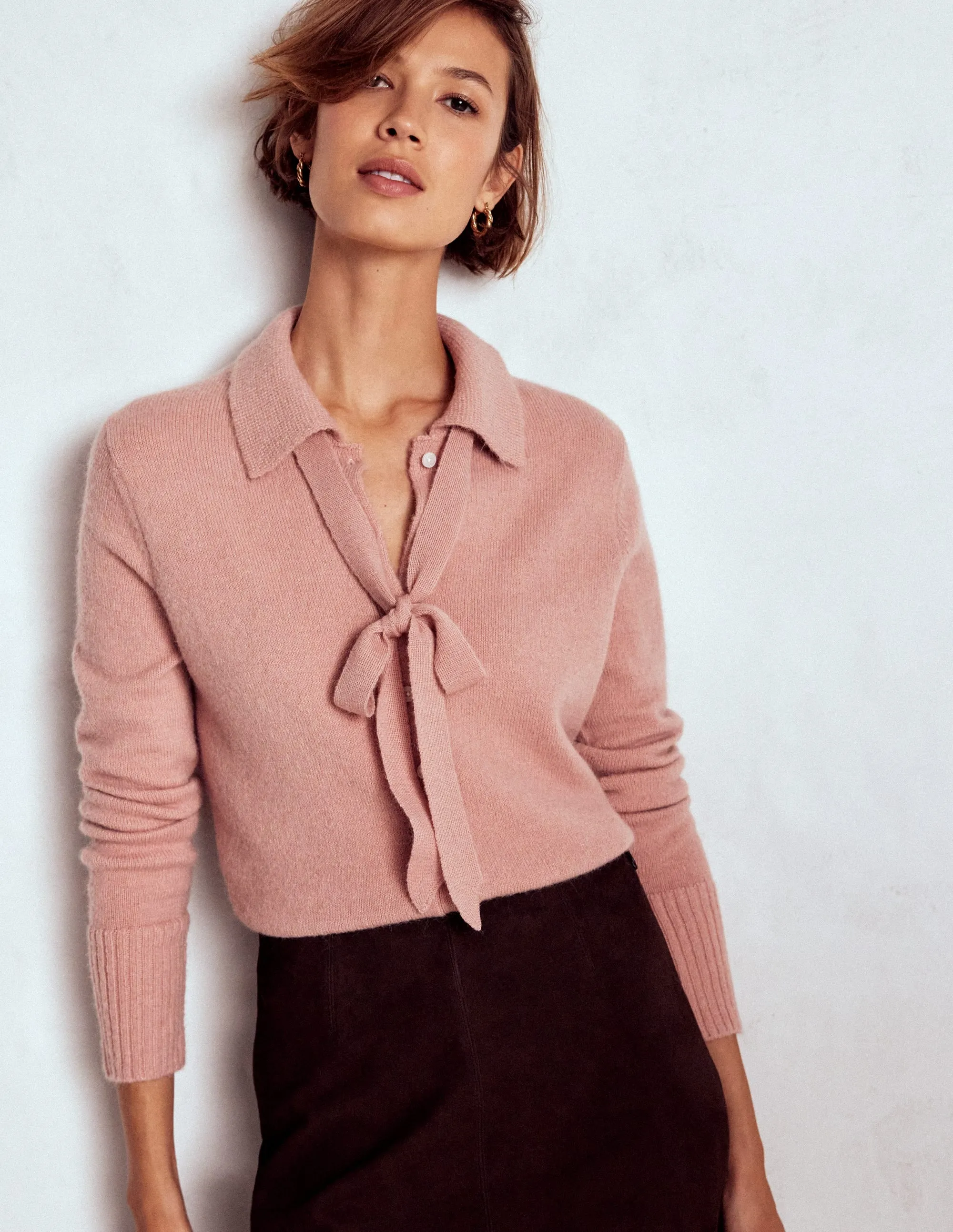 Cozy Classic Outdoor Layer Collared Tie Front Cardigan-Misty Rose Pink