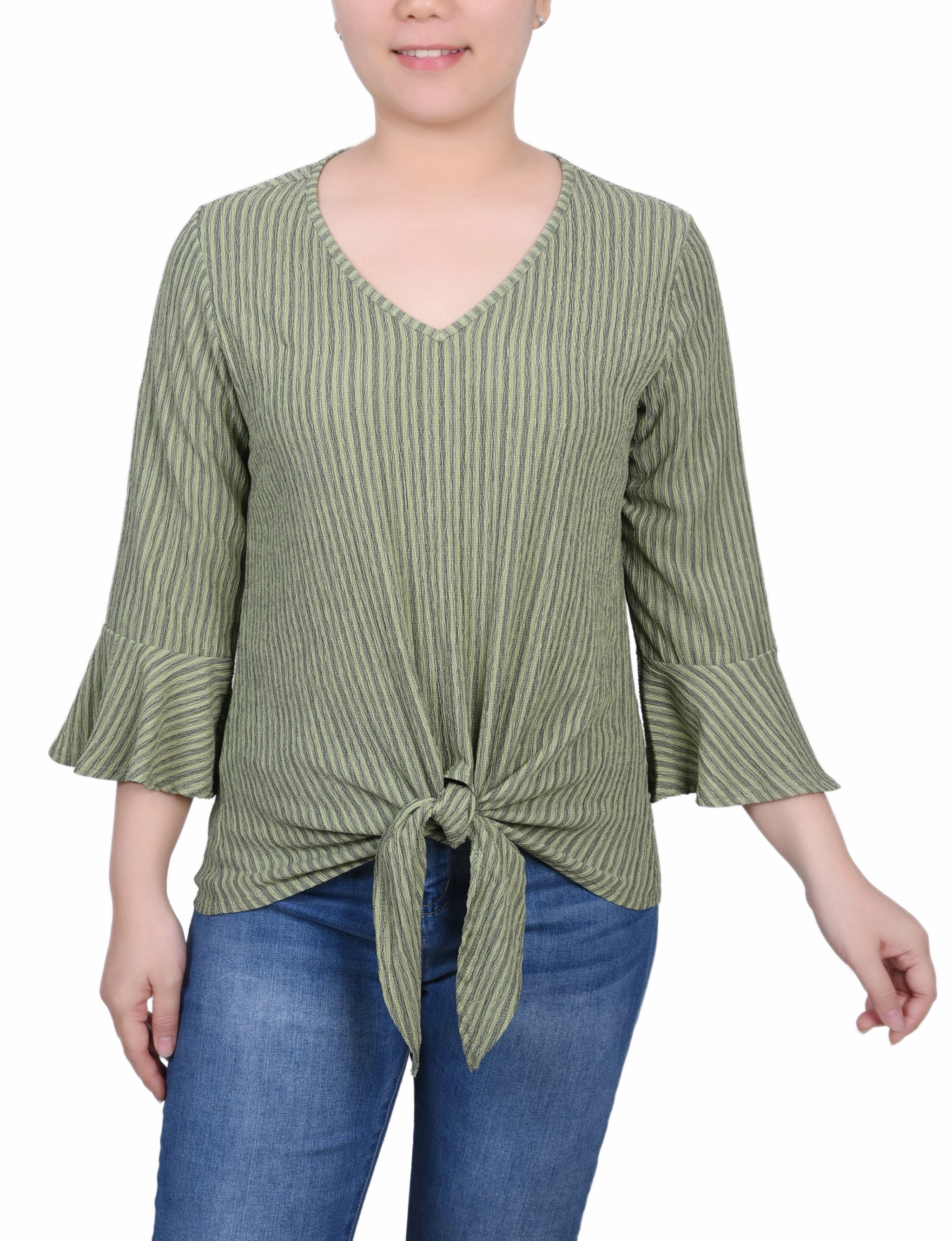 Petite 3/4 Bell Sleeve Textured Knit Top ReinforcedStitching Smooth Zipper Integration