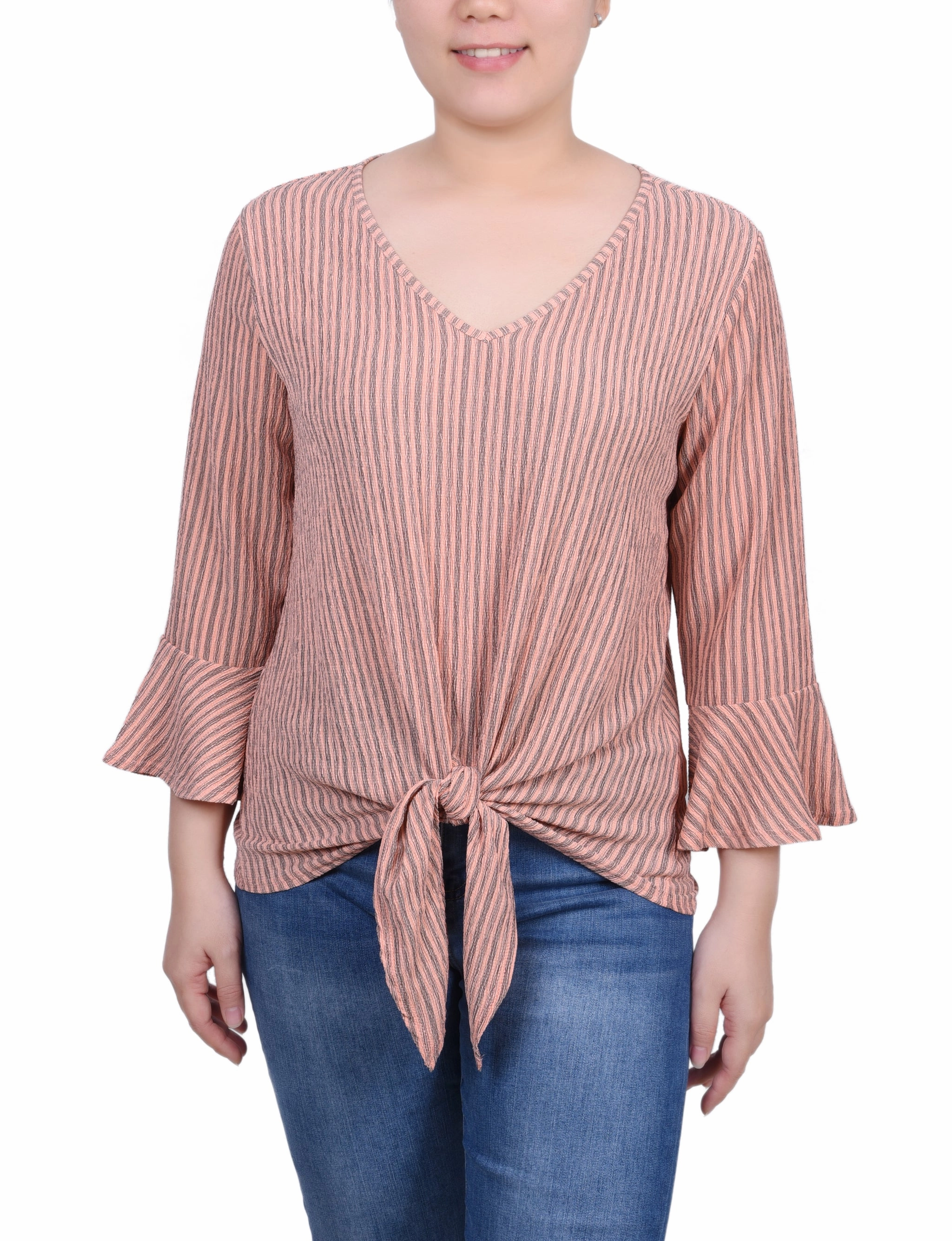 Petite 3/4 Bell Sleeve Textured Knit Top SoftInteriorLining
