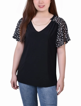 Combo Chiffon-Sleeve V Neck Top RelaxedSilhouette Lightweight Fabric