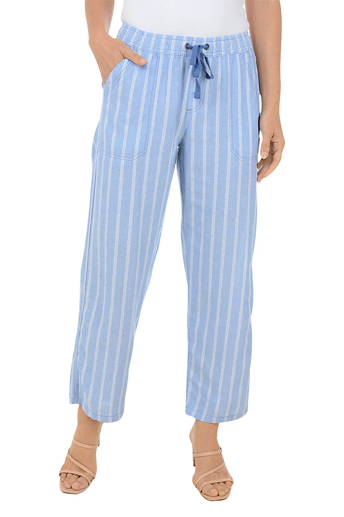 Flat Lock Seams High Density Weave Chambray Triple Striped Linen Blend Pant